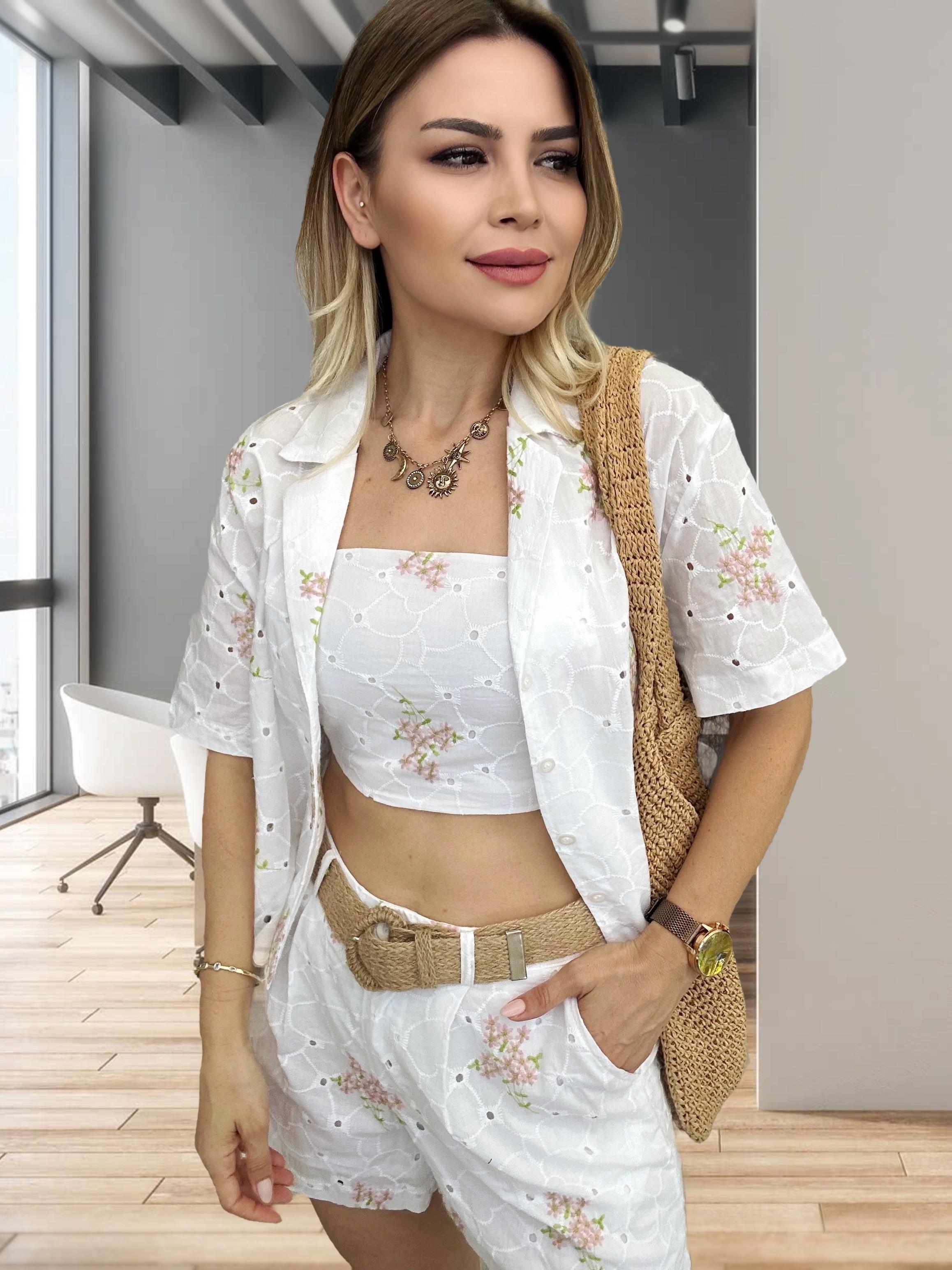 Beyaz Brode Ceket Yaka Gömlek 