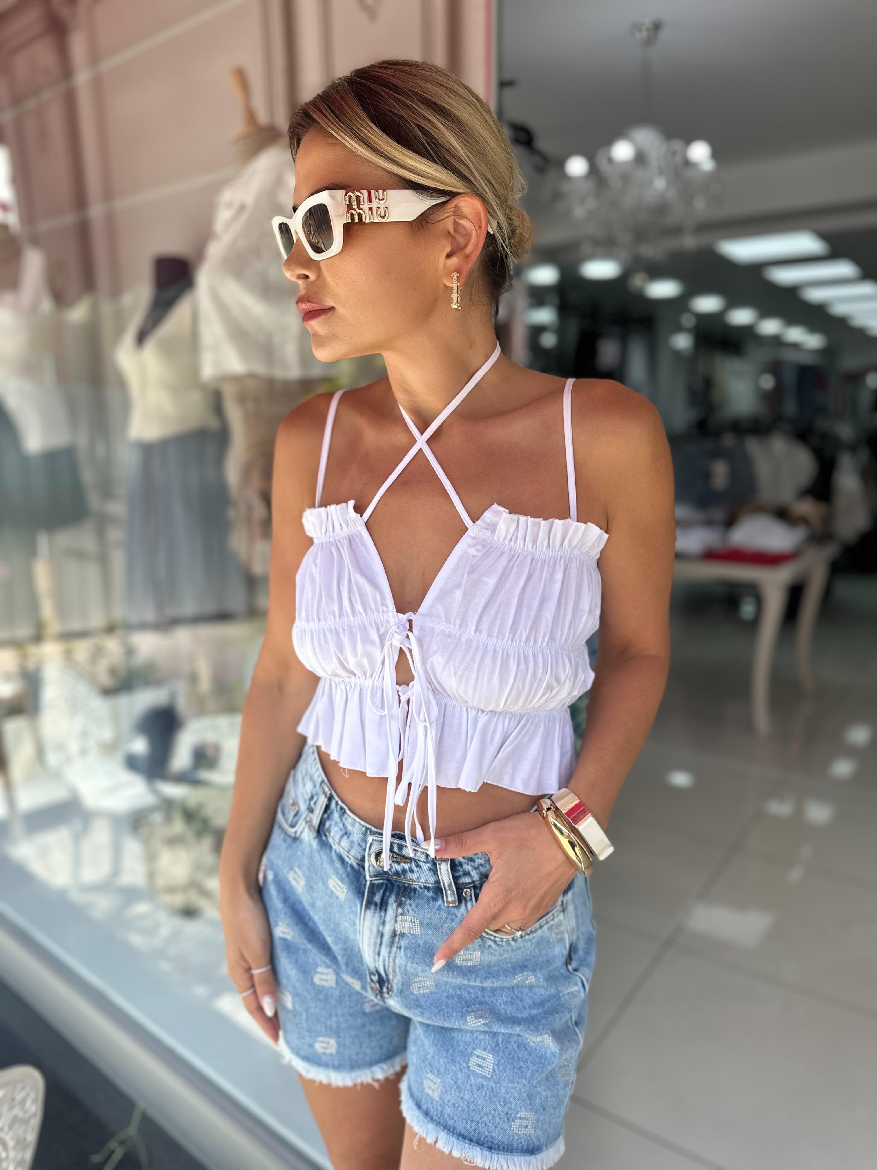 Beyaz Fiyonklu Poplin Bluz