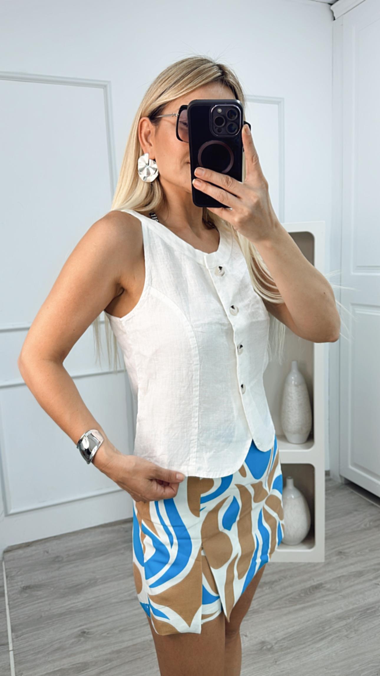 Beyaz Keten Kulplu Yelek 