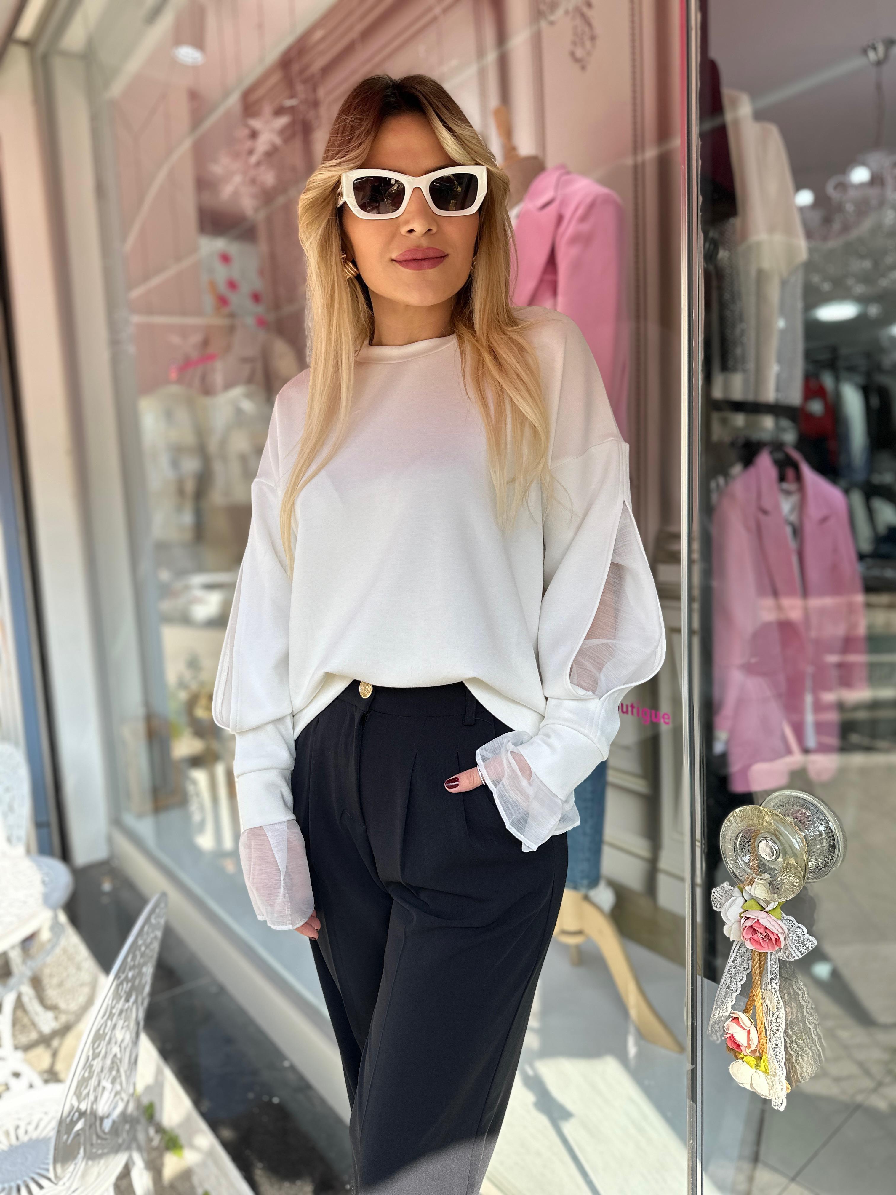 Beyaz Organze Detaylı Modal Kumaş Sweat