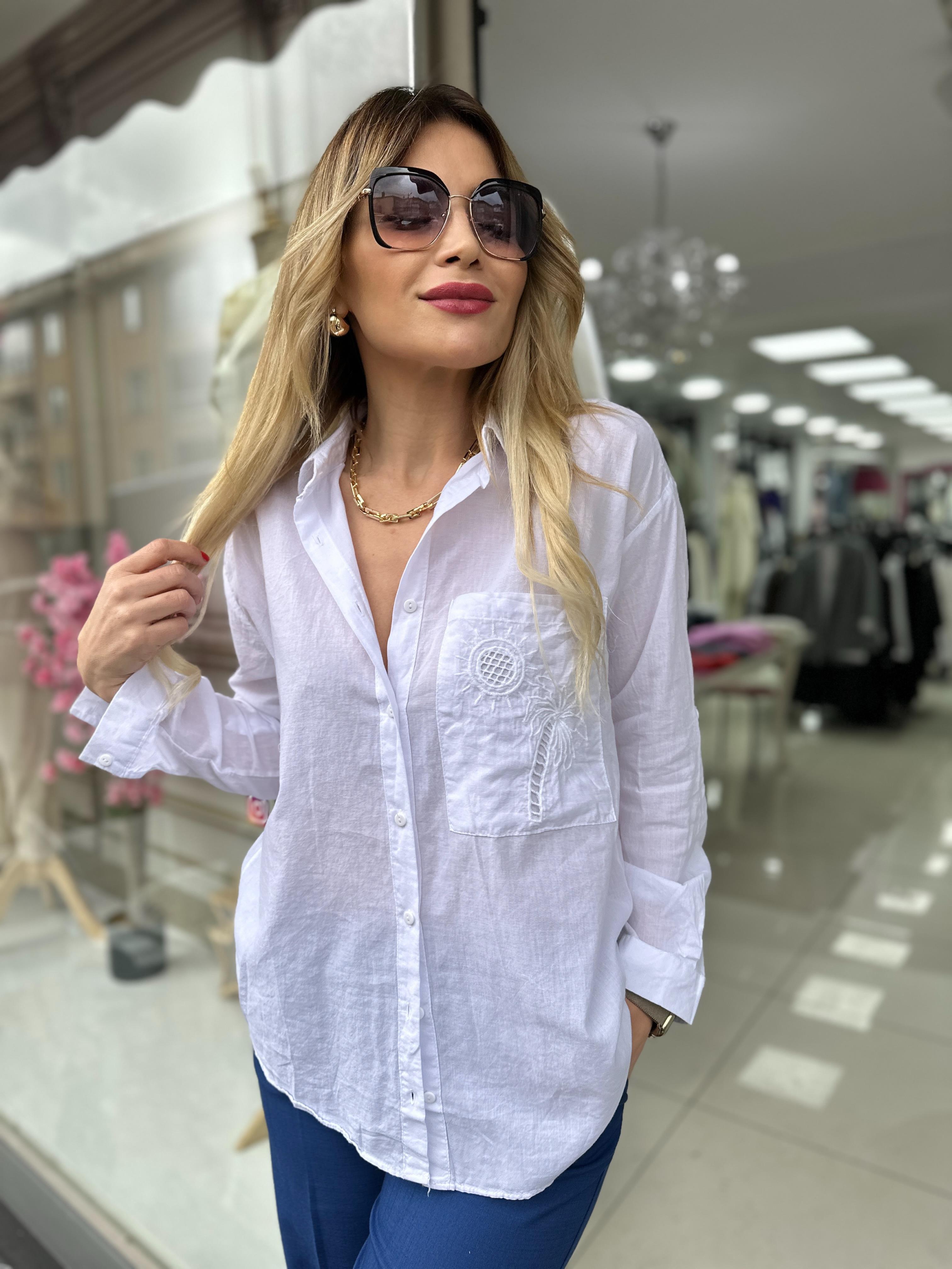 Beyaz Palmiye Desenli Pamuklu Gömlek 