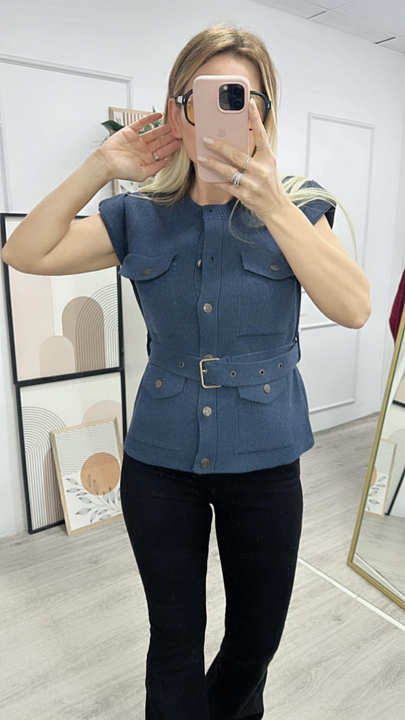 Bisiklet Yaka Cepli Düğmeli Kemerli Triko Yelek