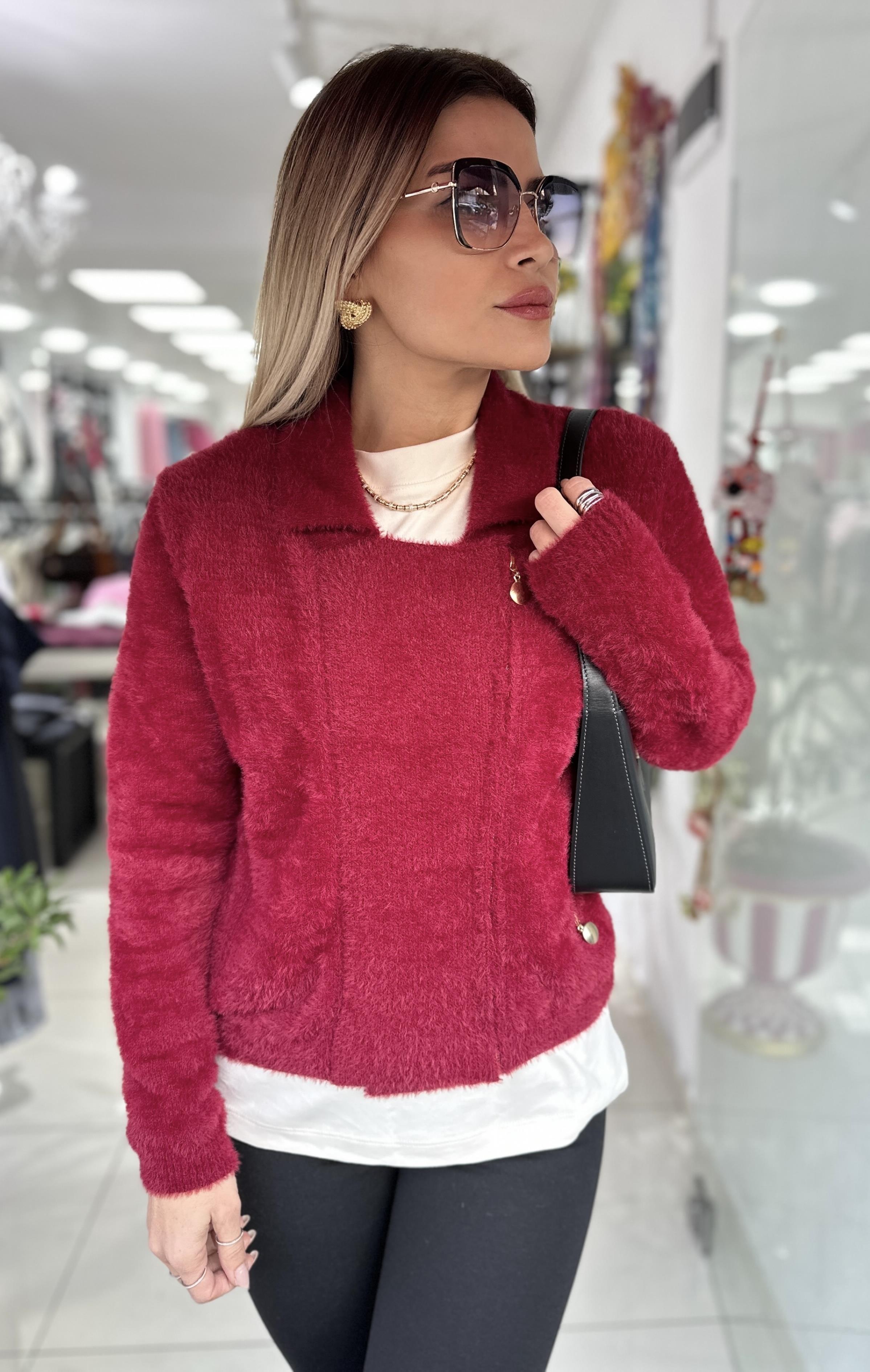 Bordo Angora Fermuarlı Gömlek Yaka Hırka 