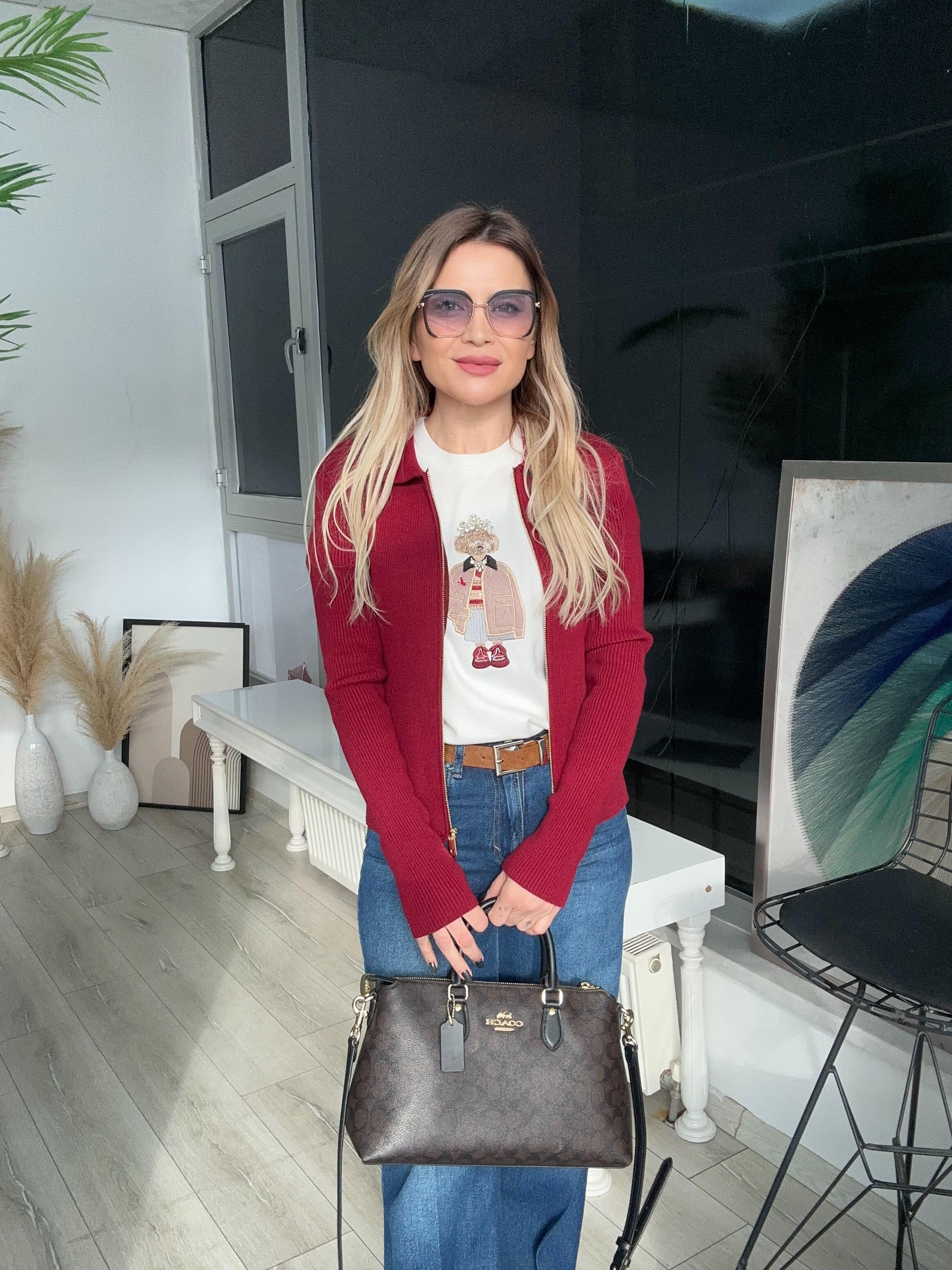 Bordo Çift Fermuarlı Triko Hırka 