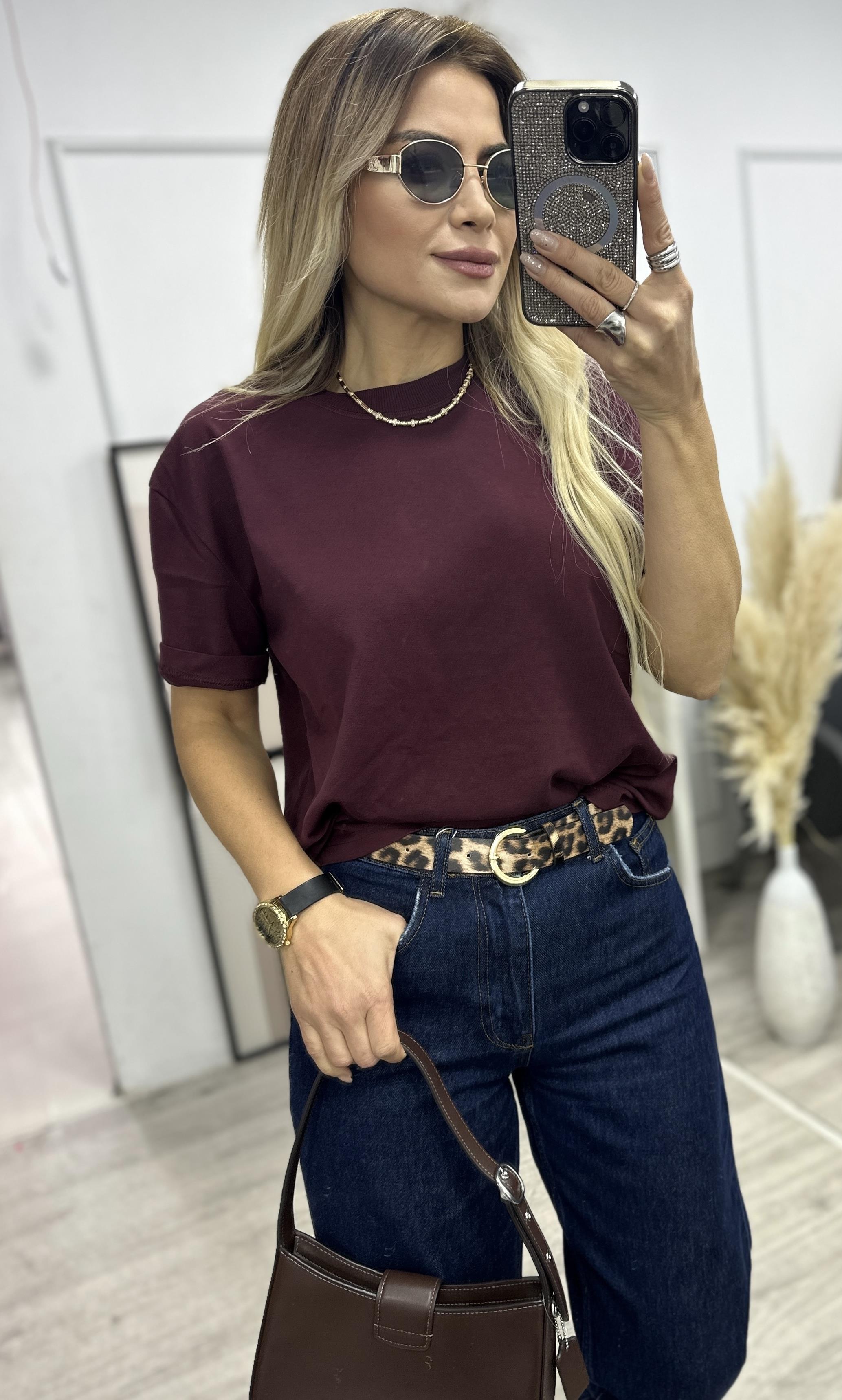 Bordo Dekoratif Dikişli Bisiklet Yaka Tşhirt