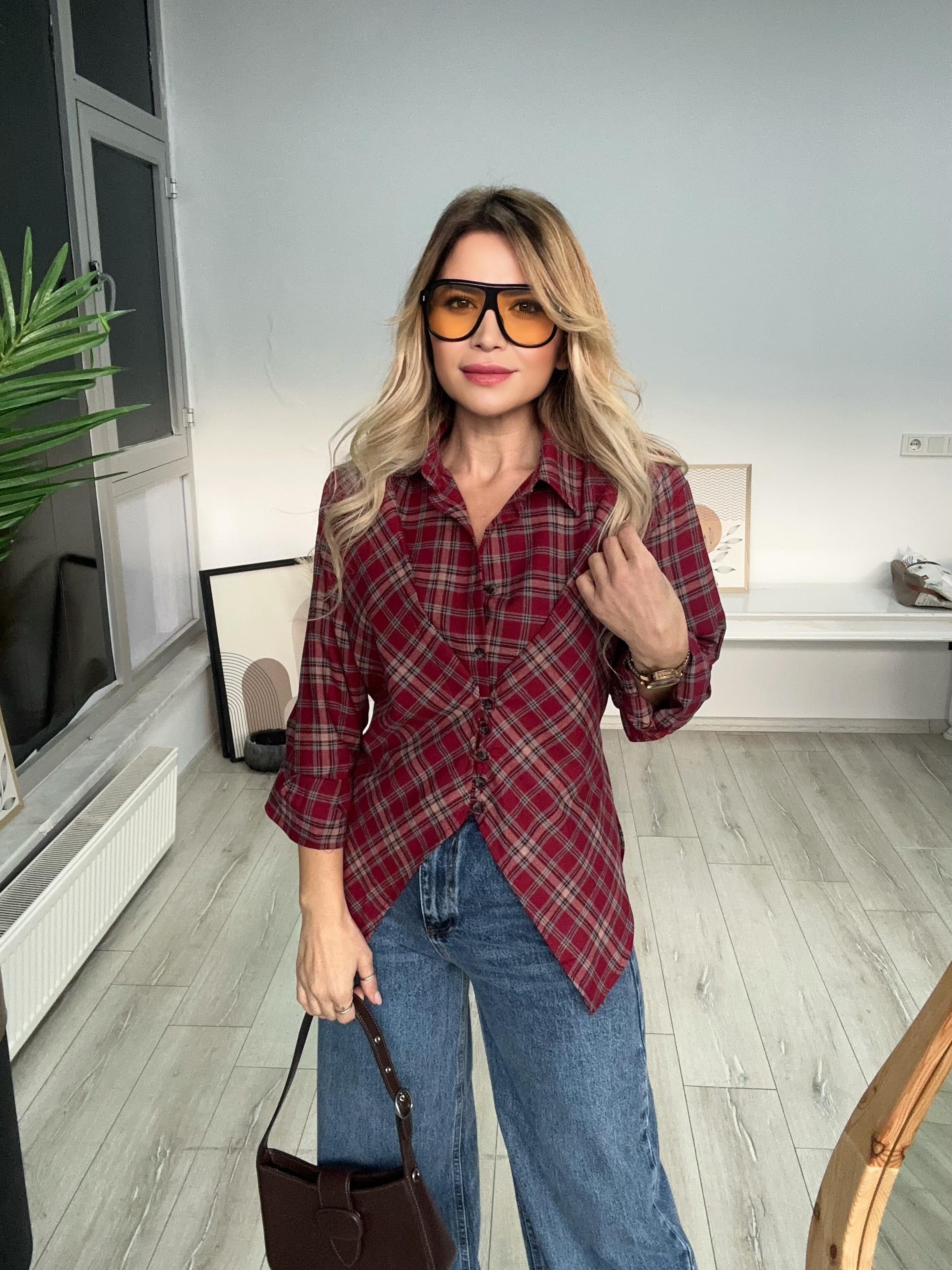 Bordo Ekose Desenli Belden Oturmalı Gömlek