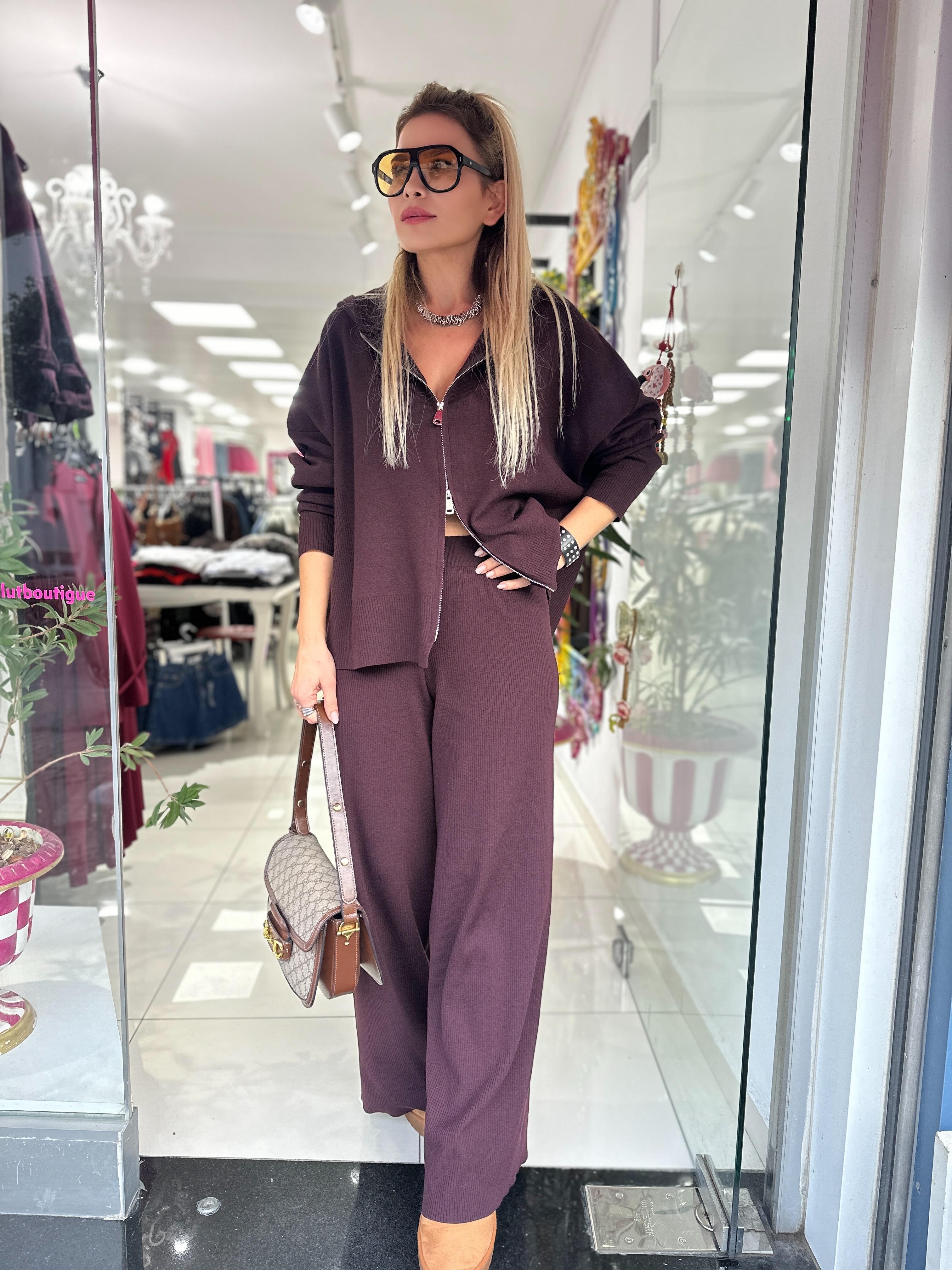 Bordo Hırka Pantolon Triko Takım 