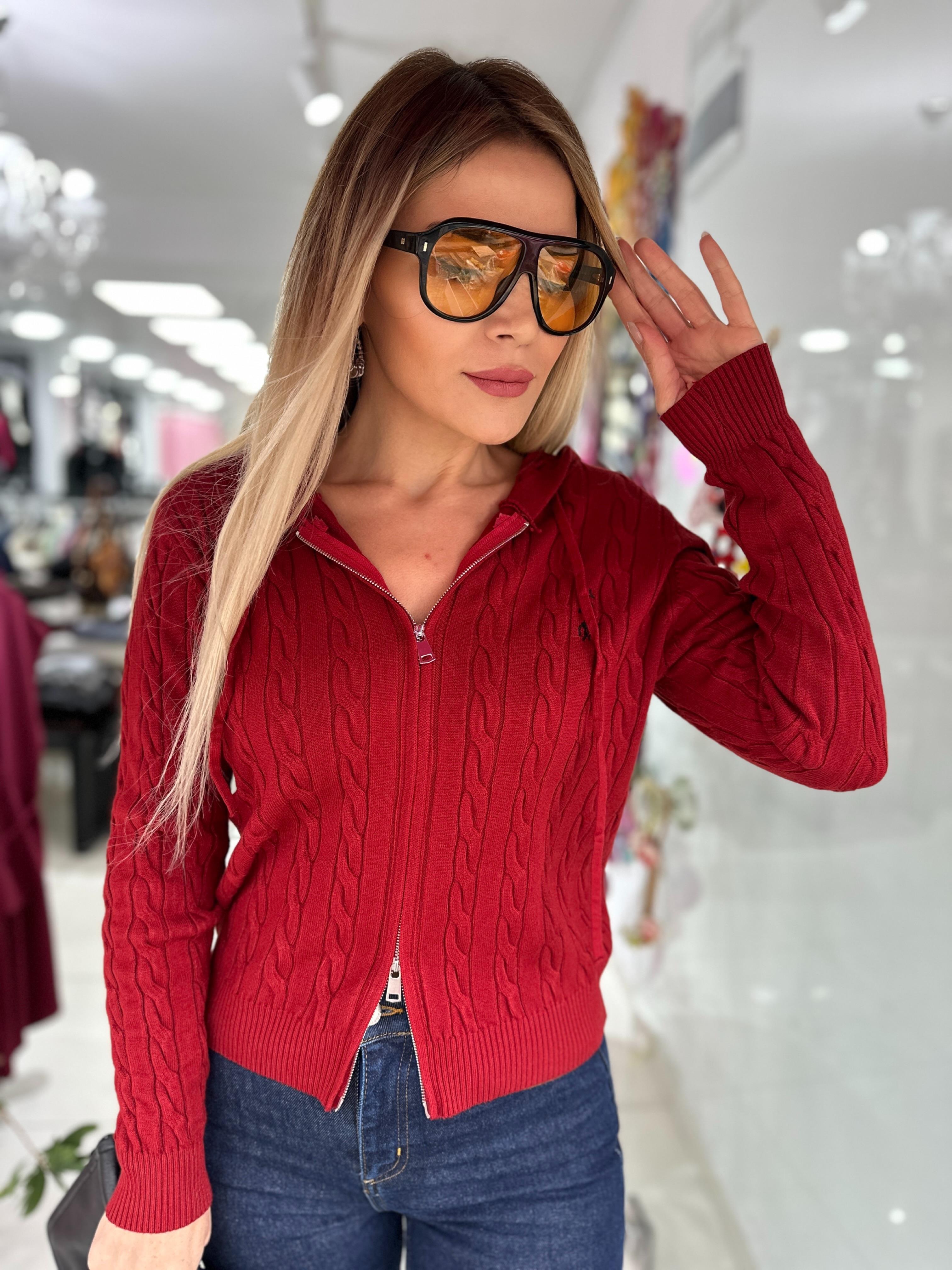 Bordo Kapüşonlu Triko Hırka 