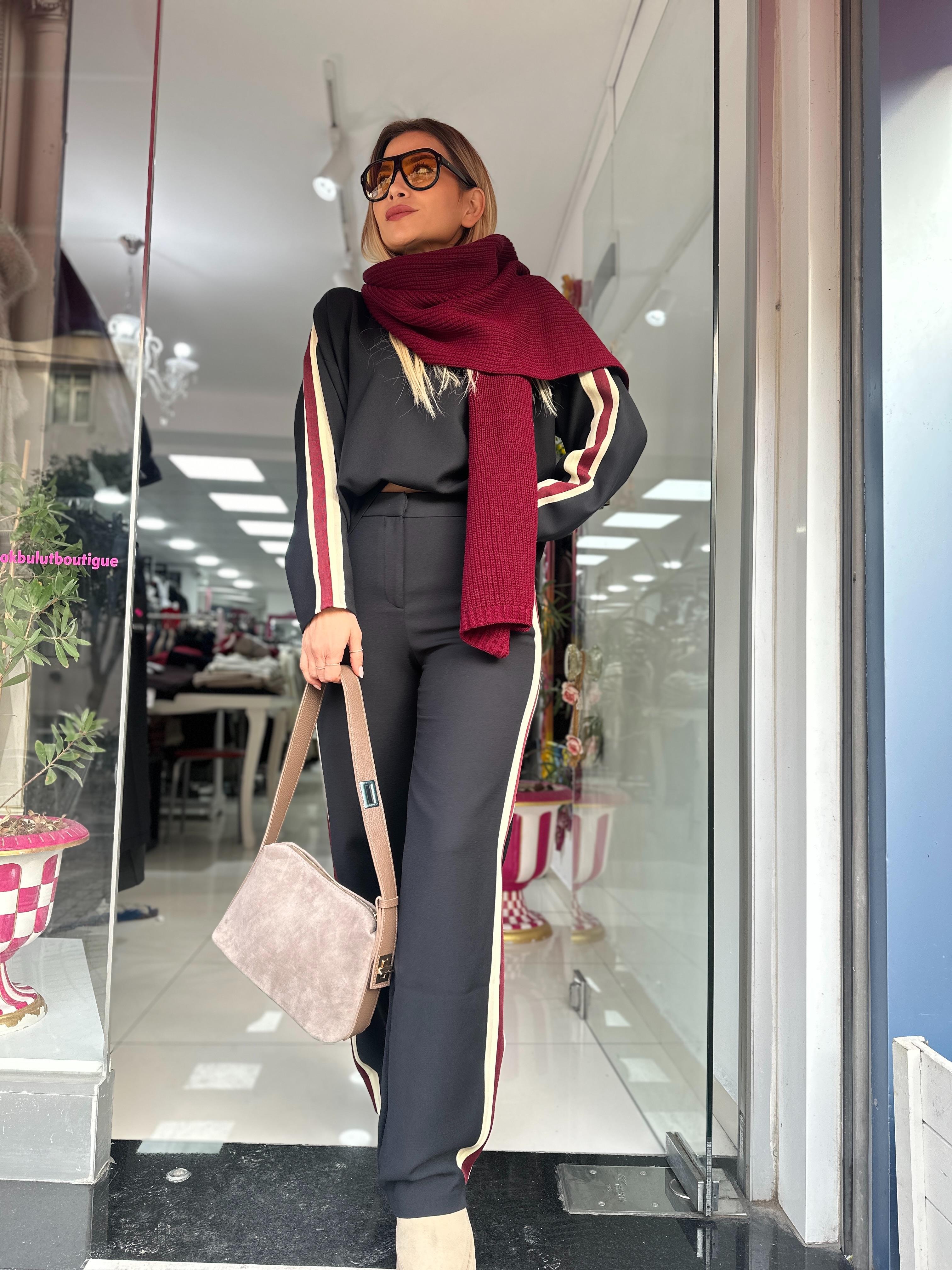 Bordo Krem Şeritli Takım 