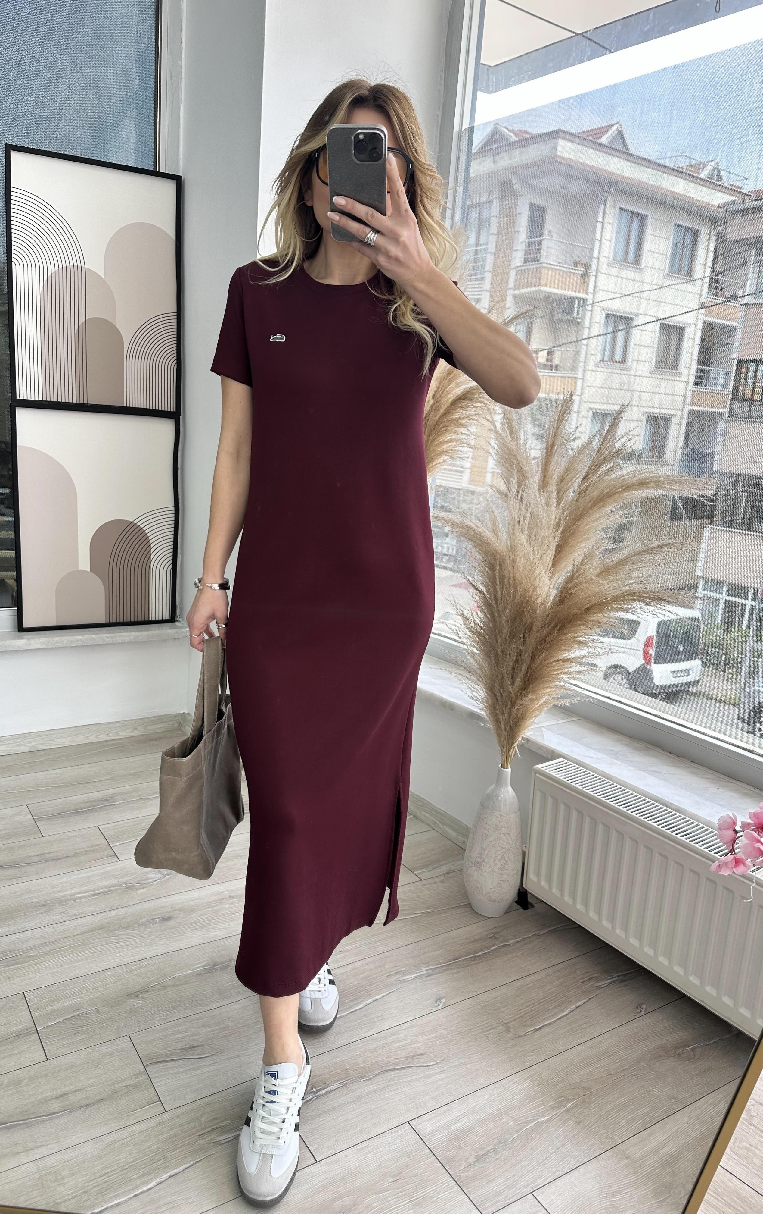 Bordo Modal Kumaş Yırtmaçlı Elbise