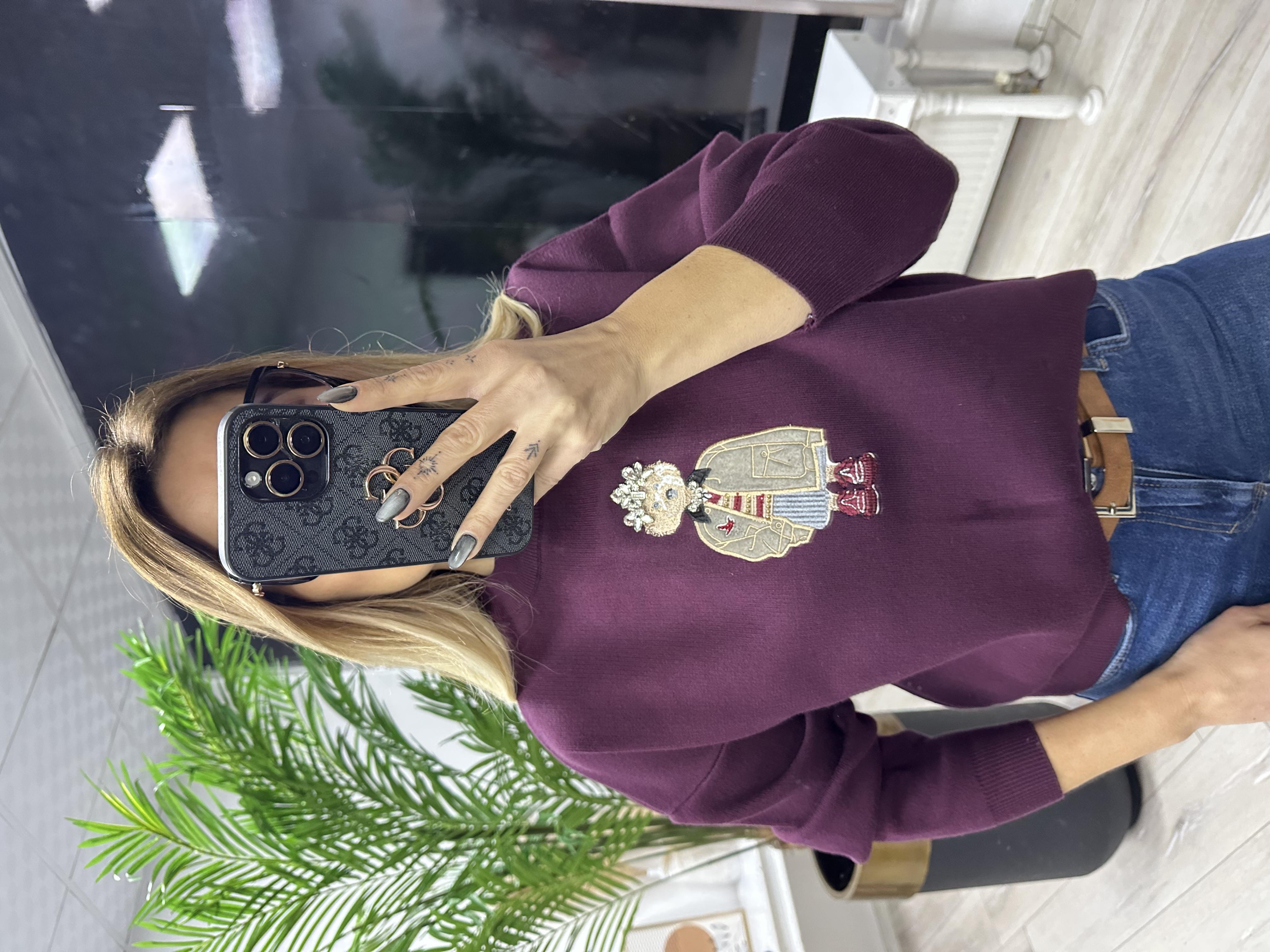 Bordo Nakışlı Taşlı Triko