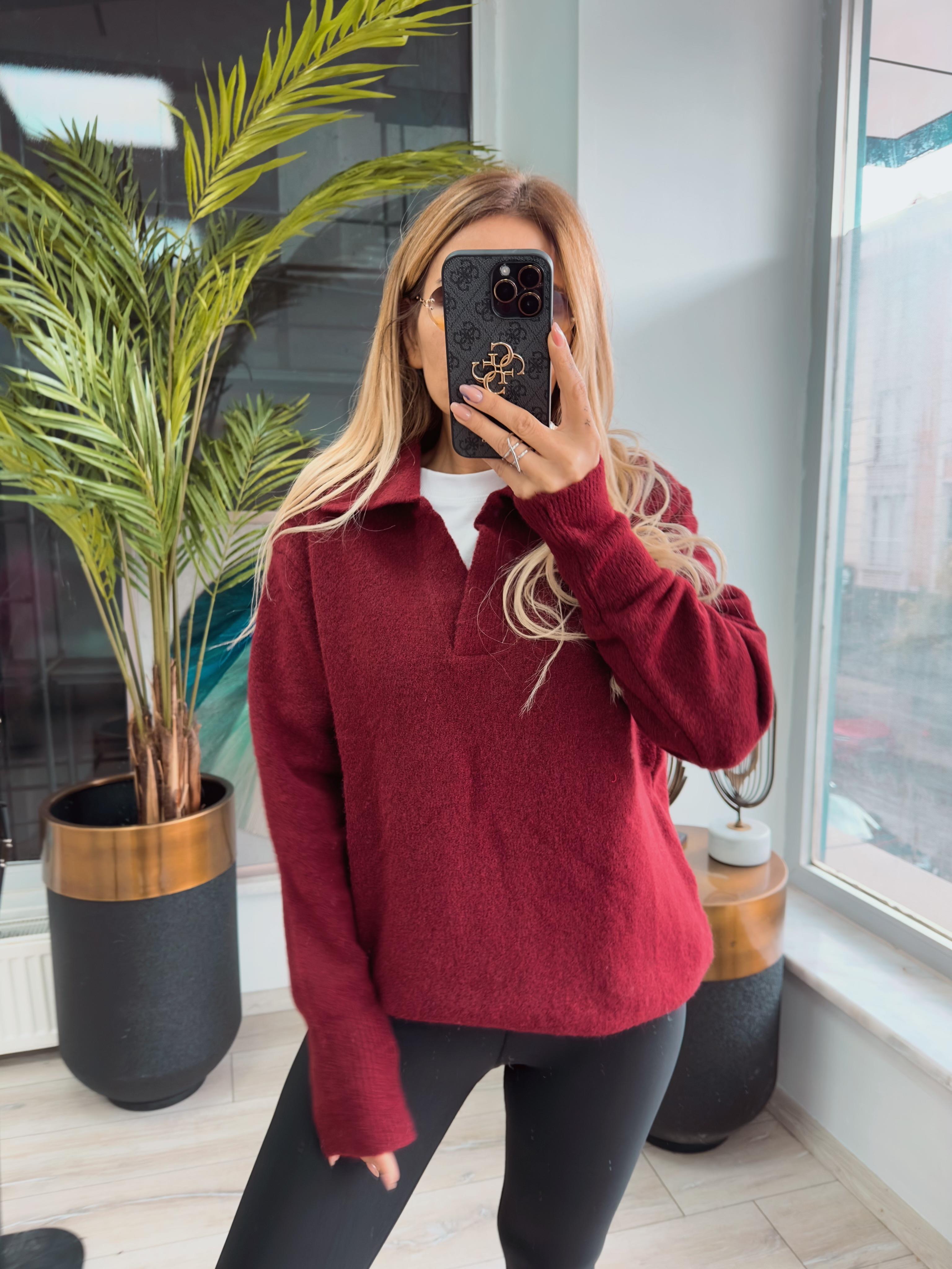 Bordo Oslo Gömlek Yaka Kazak