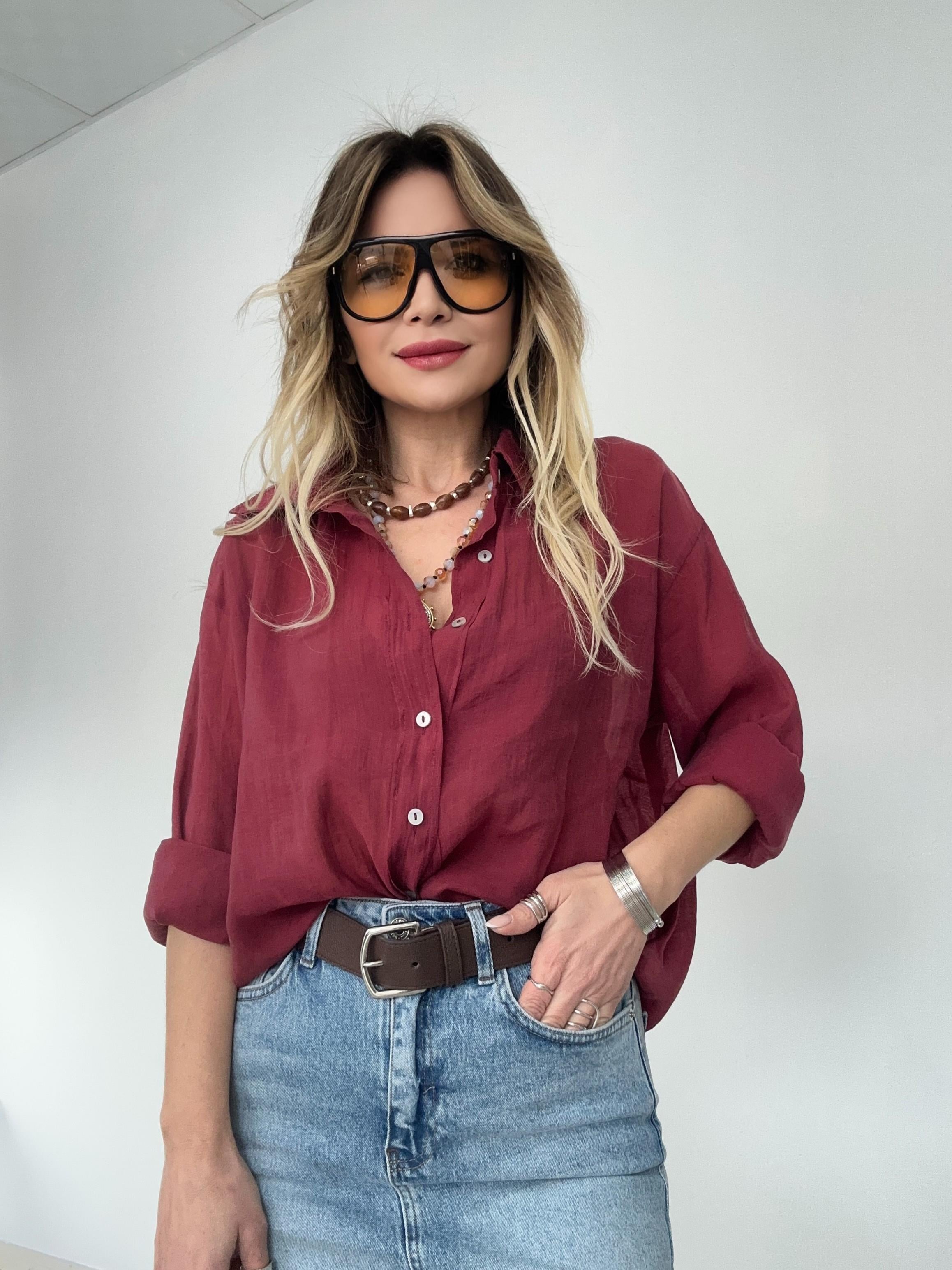 Bordo Oversize İpeksi Gömlek 