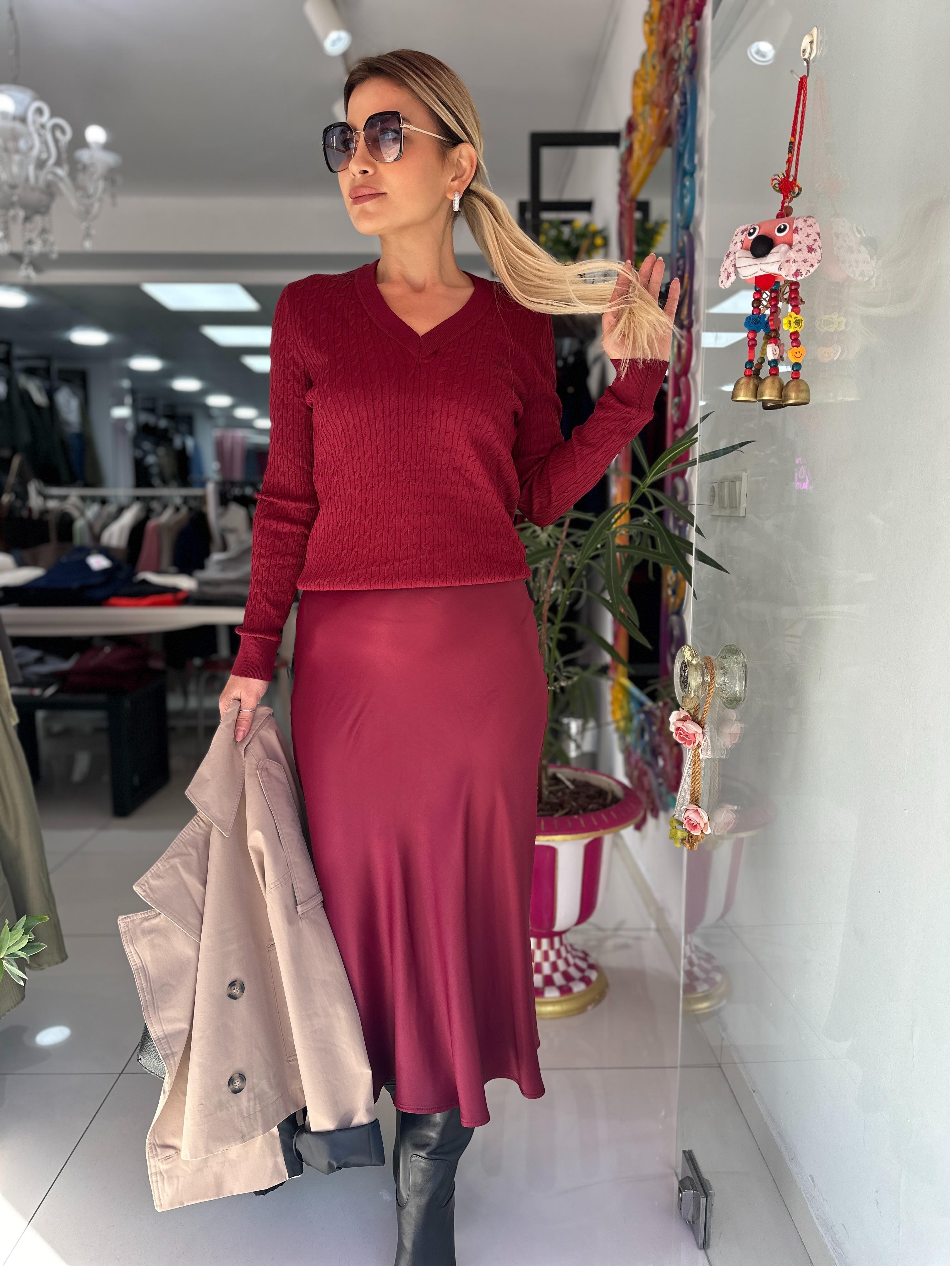 Bordo Saten Verev Etek 