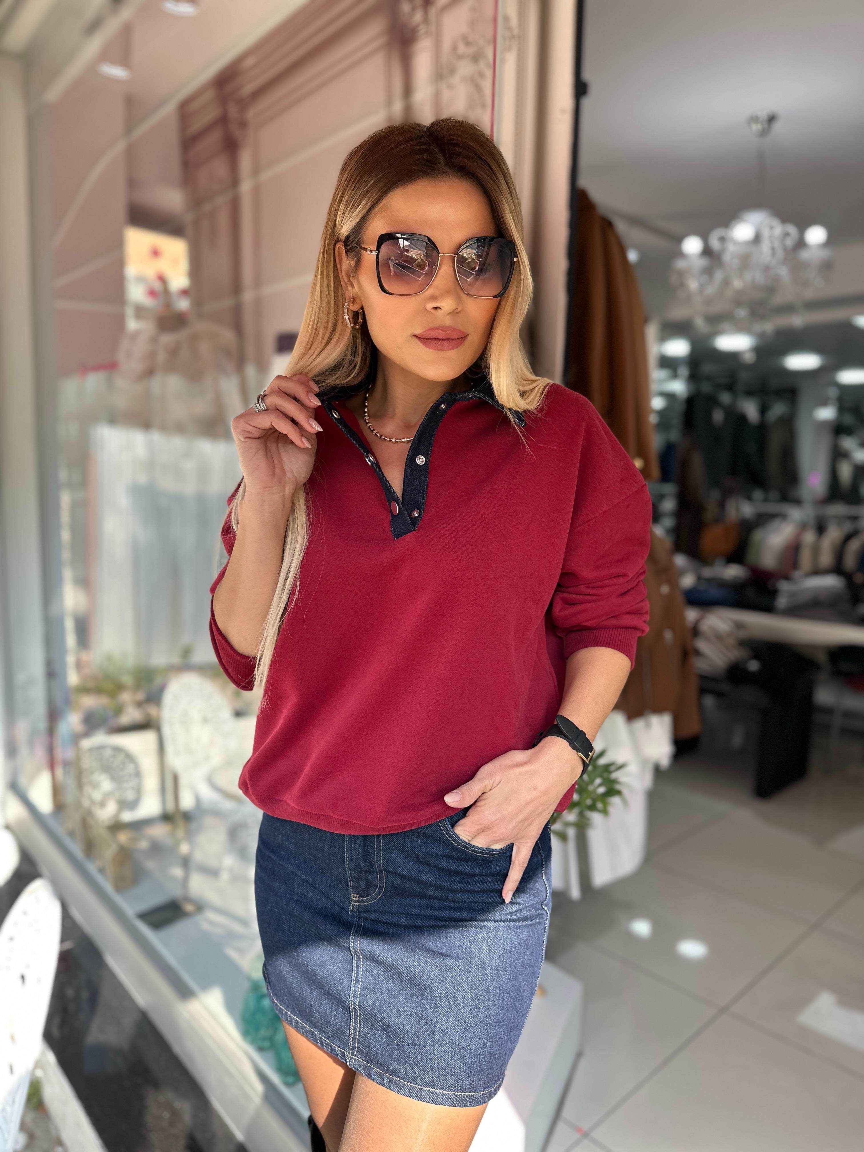 Bordo Üç İplik Jean Yaka Sweat 