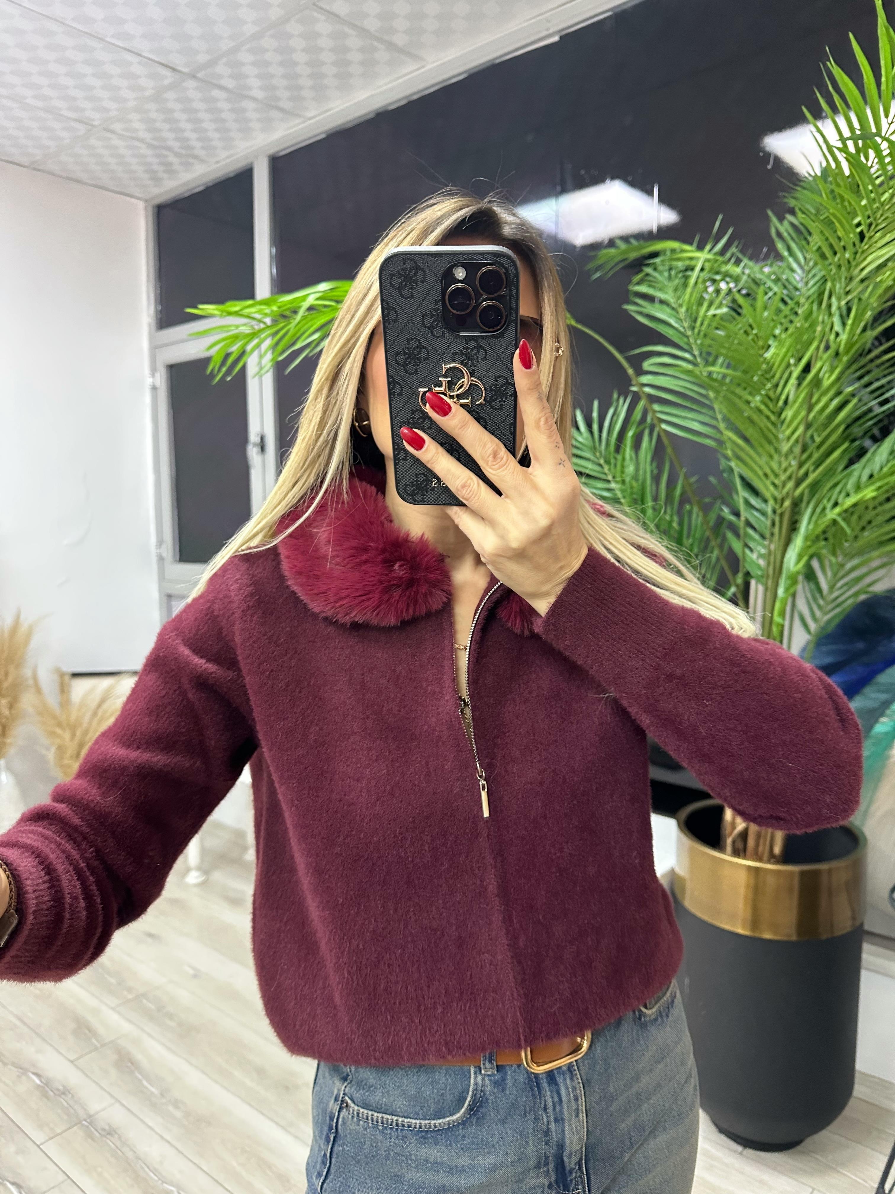 Bordo Yakası Kürklü Fermuarlı Ceket