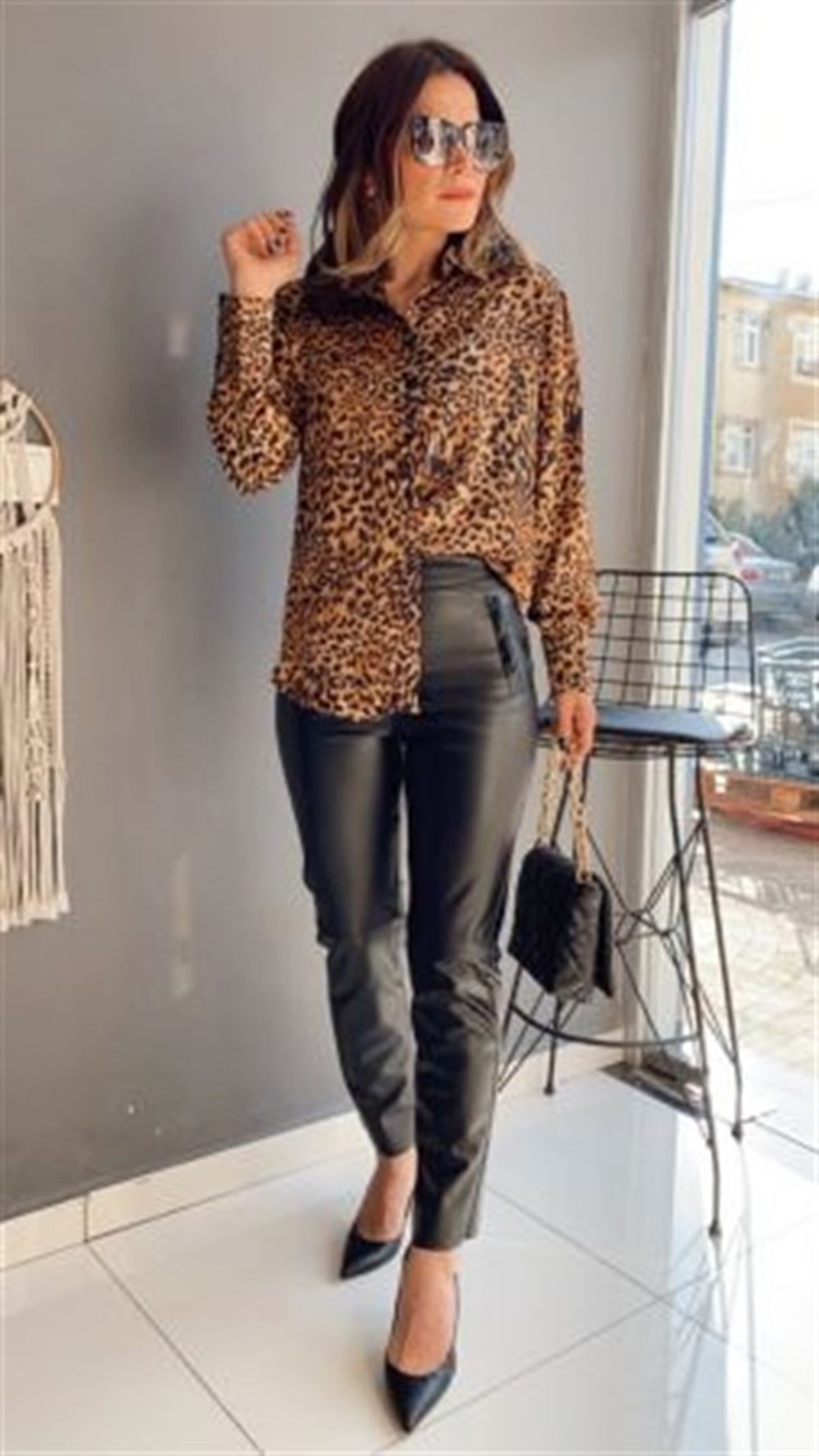 CAMEL SATEN LEOPAR GÖMLEK