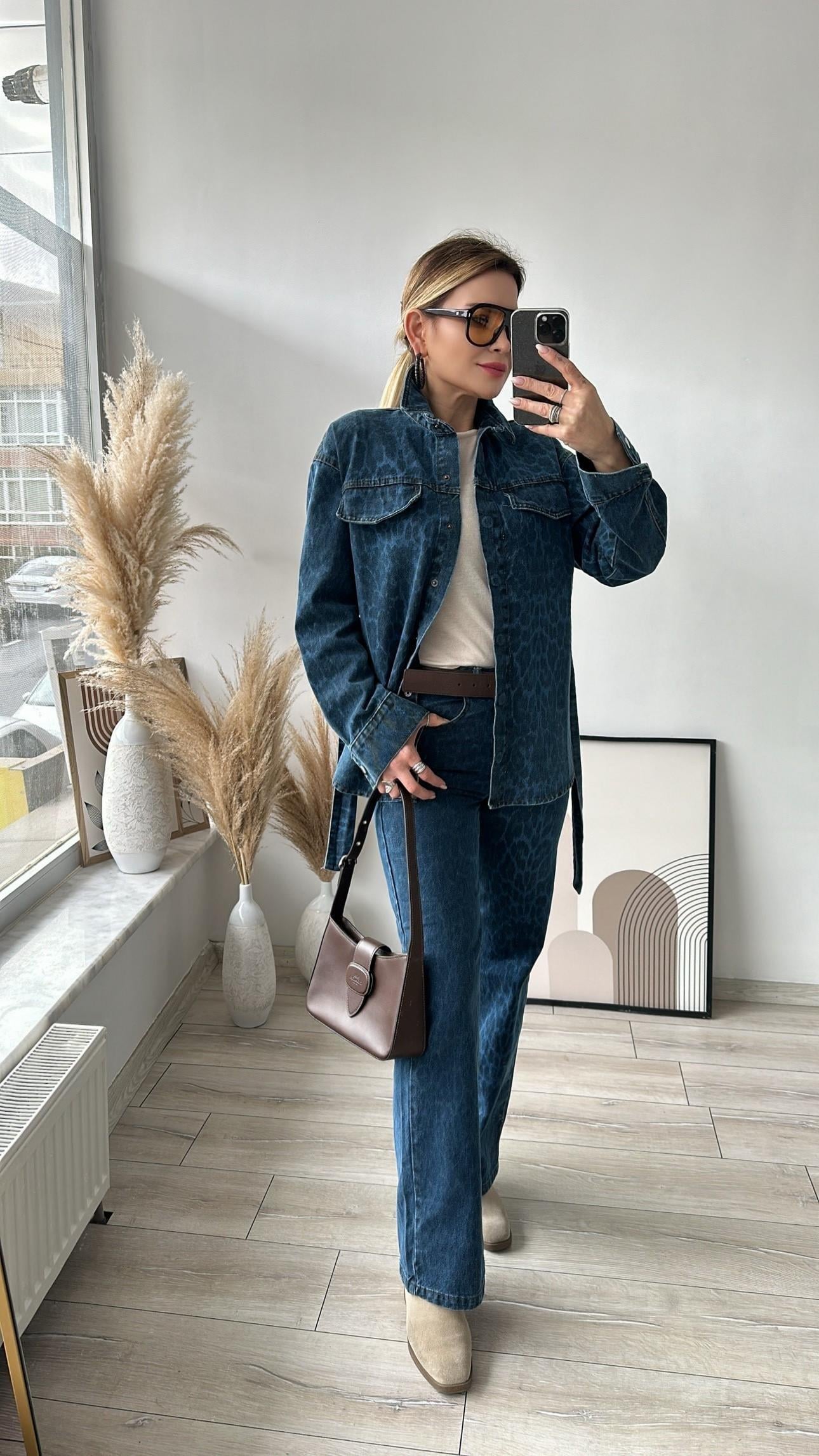 Denim Leopar Desenl Kot Pantolon 