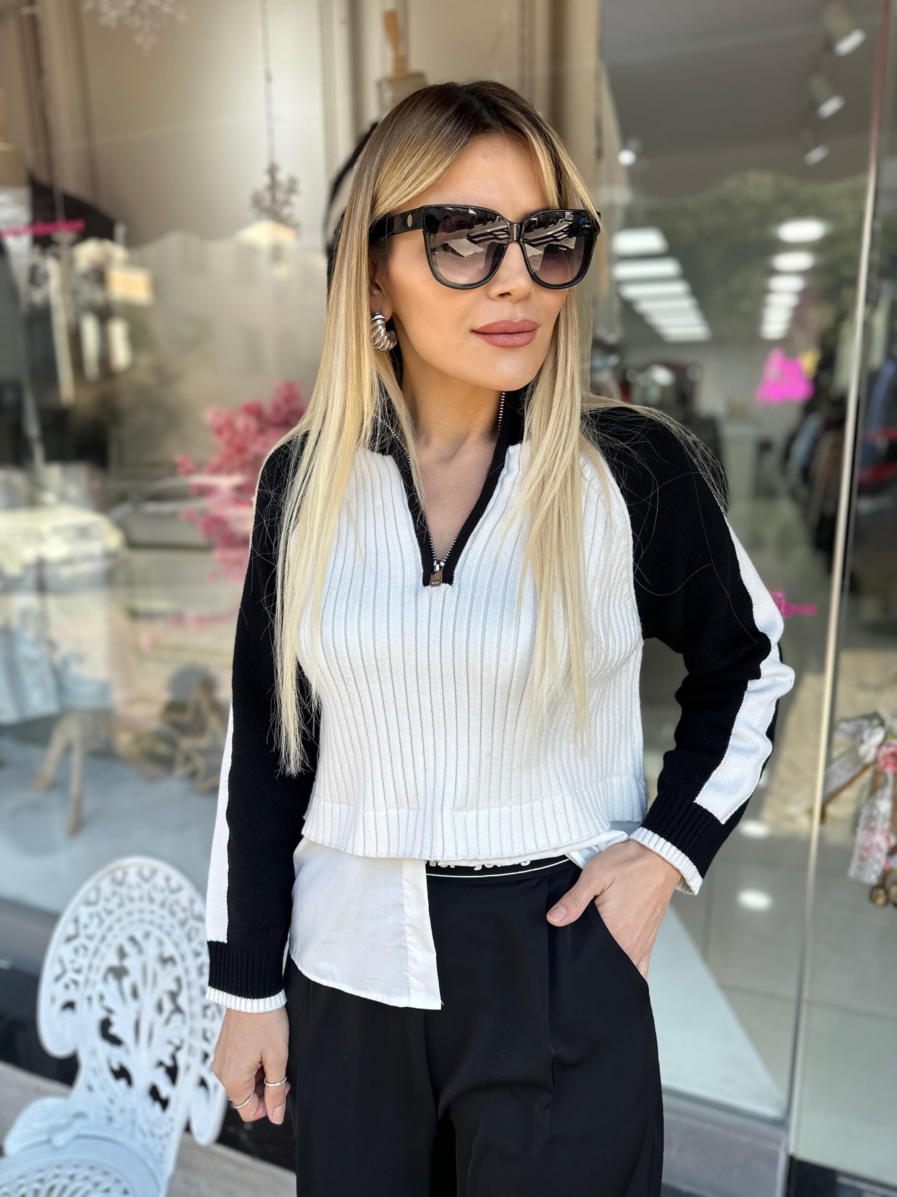 Dik Yaka Siyah Beyaz Kazak