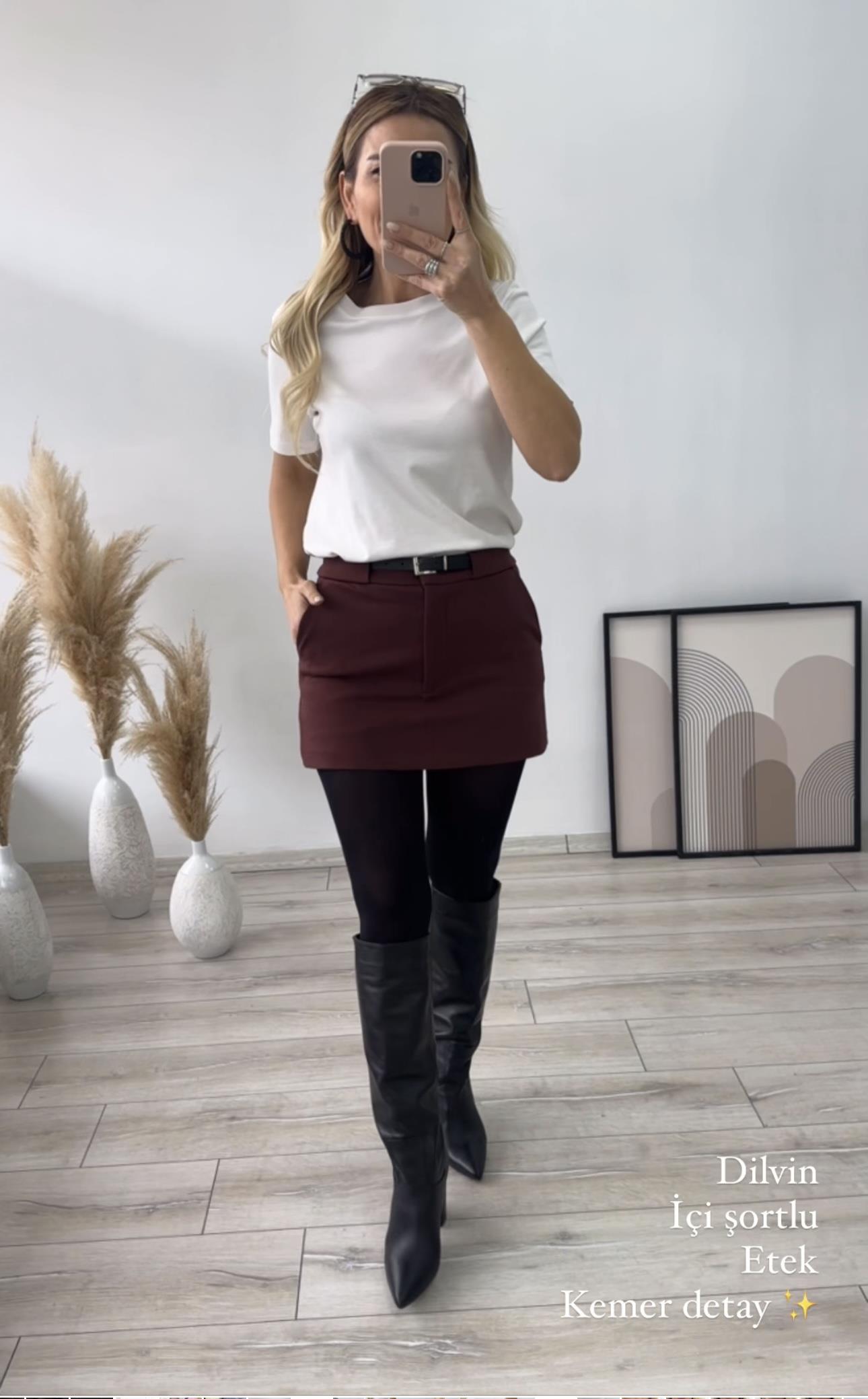 DLV Bordo Kemerli İçi Şortlu Etek 