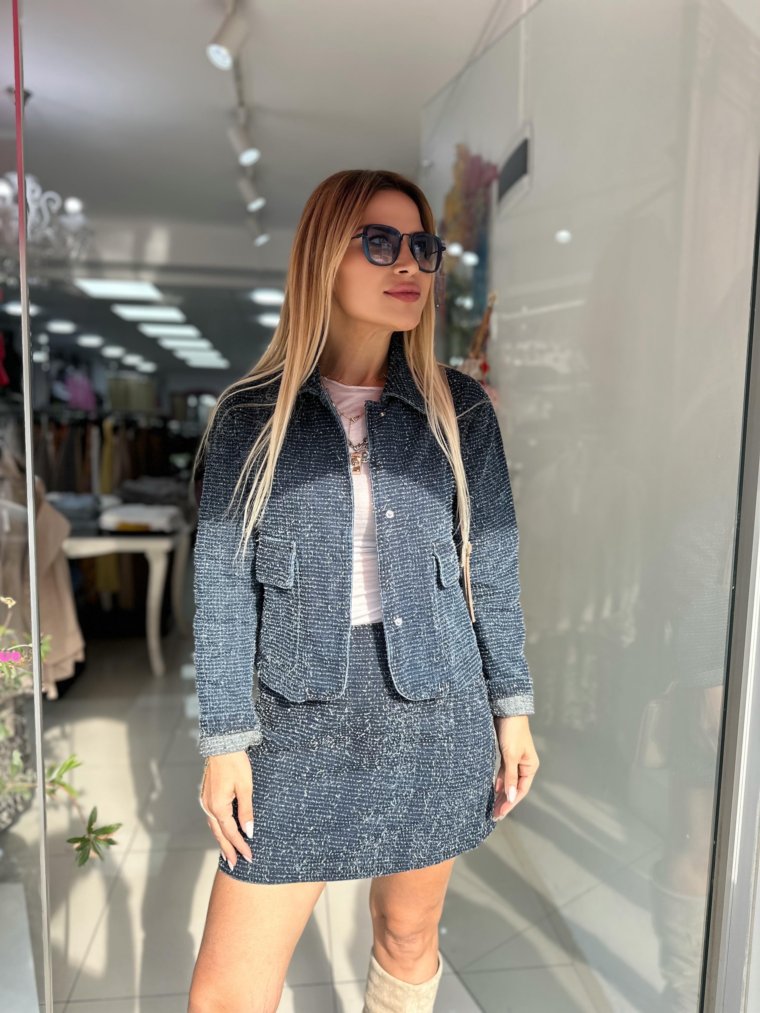 Dokulu Denim Ceket Etek Takım