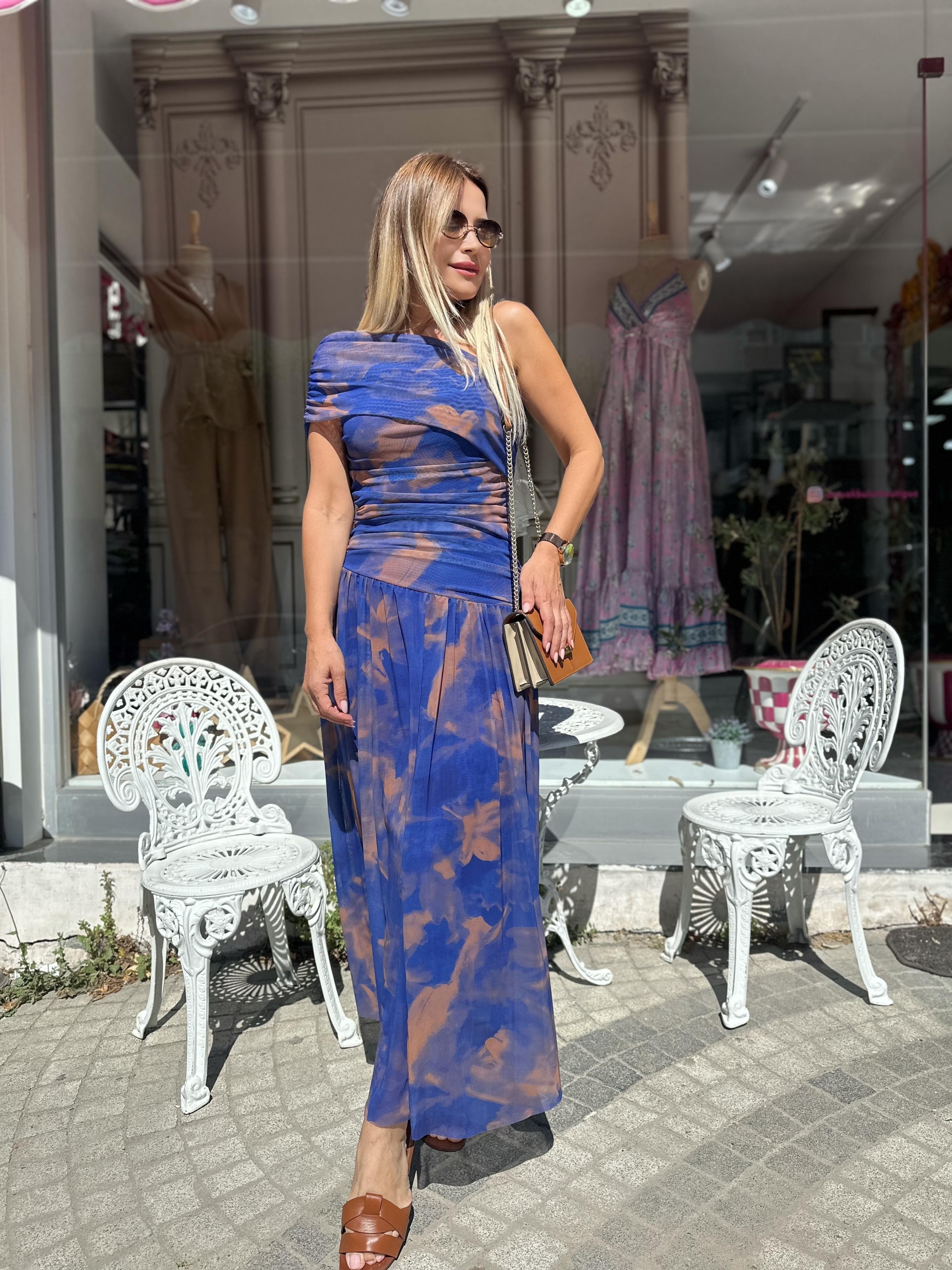 Drapeli Desenli Tül Elbise 