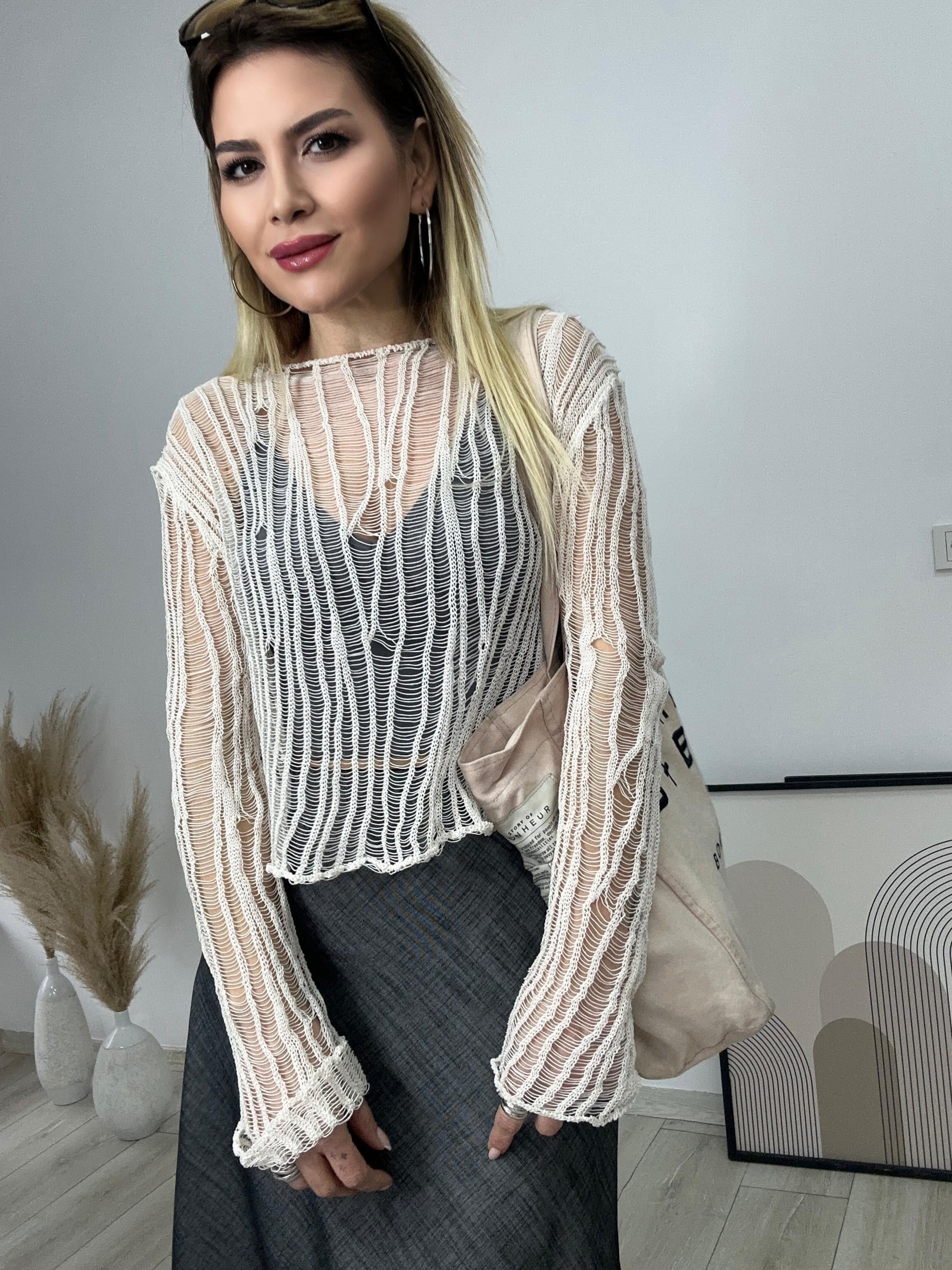 Ekru Ajurlu Triko Bluz 