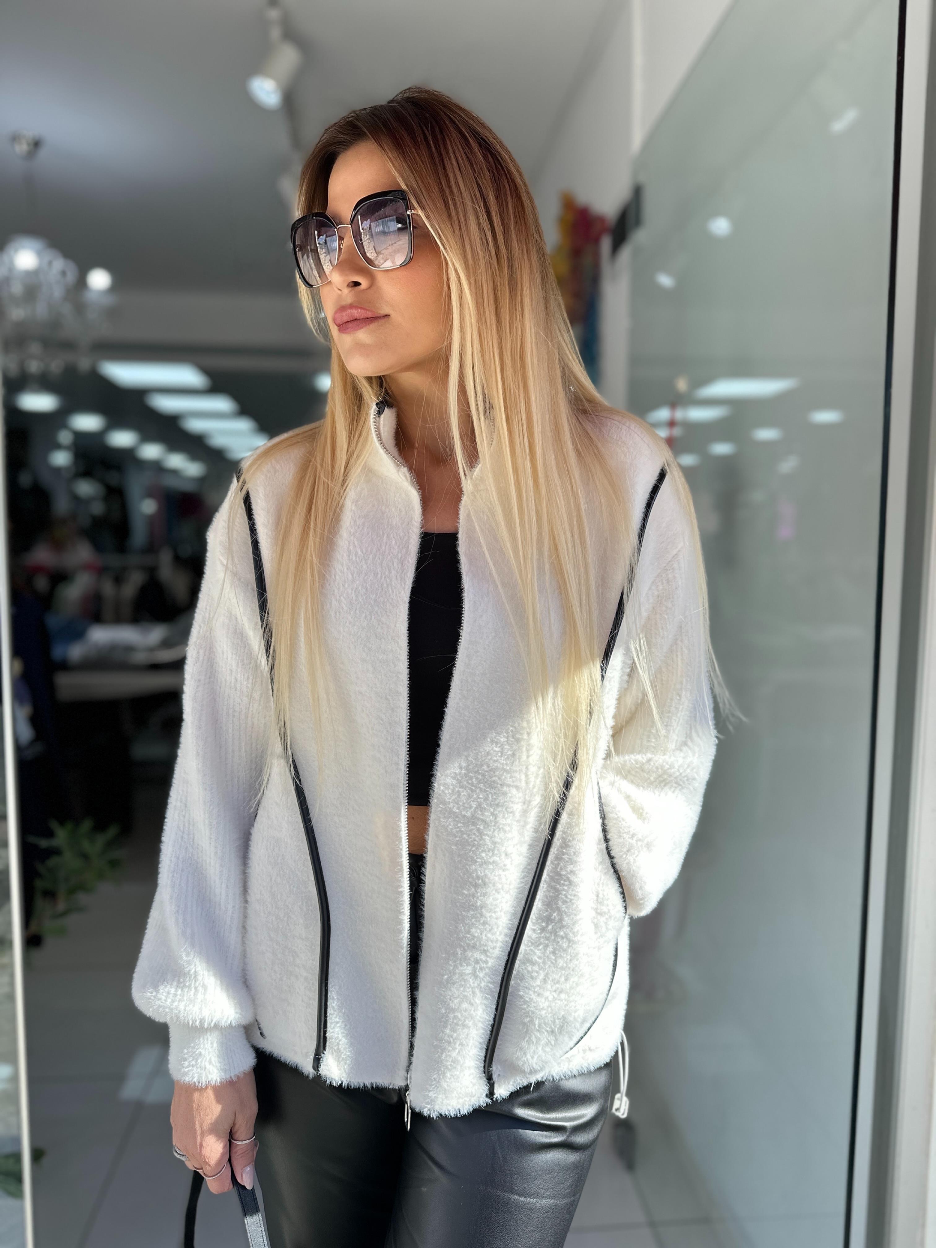 Ekru Angora Fermuarlı Yarım Balıkçı Ceket 