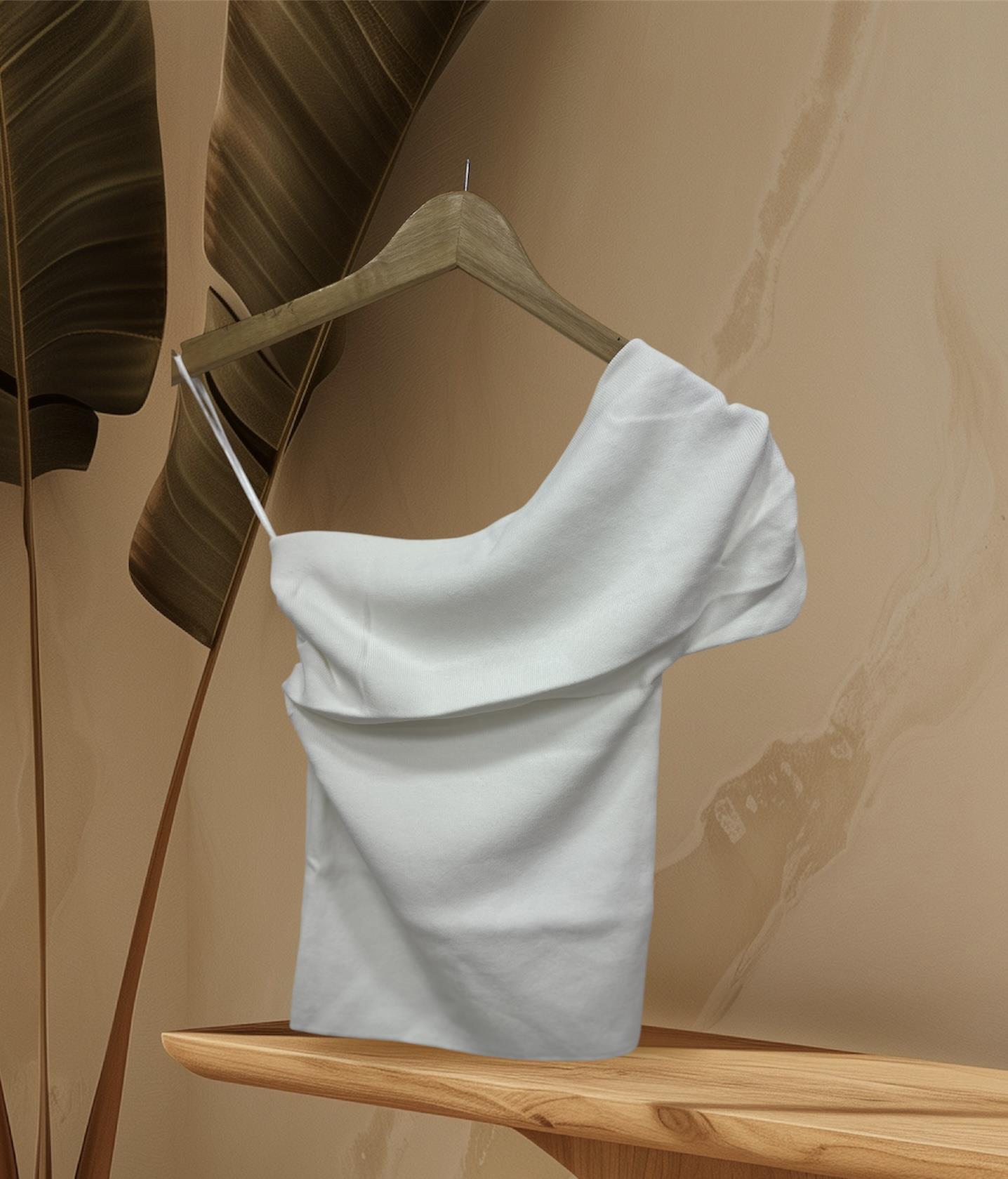 Ekru Asimetrik Drapeli Triko Bluz