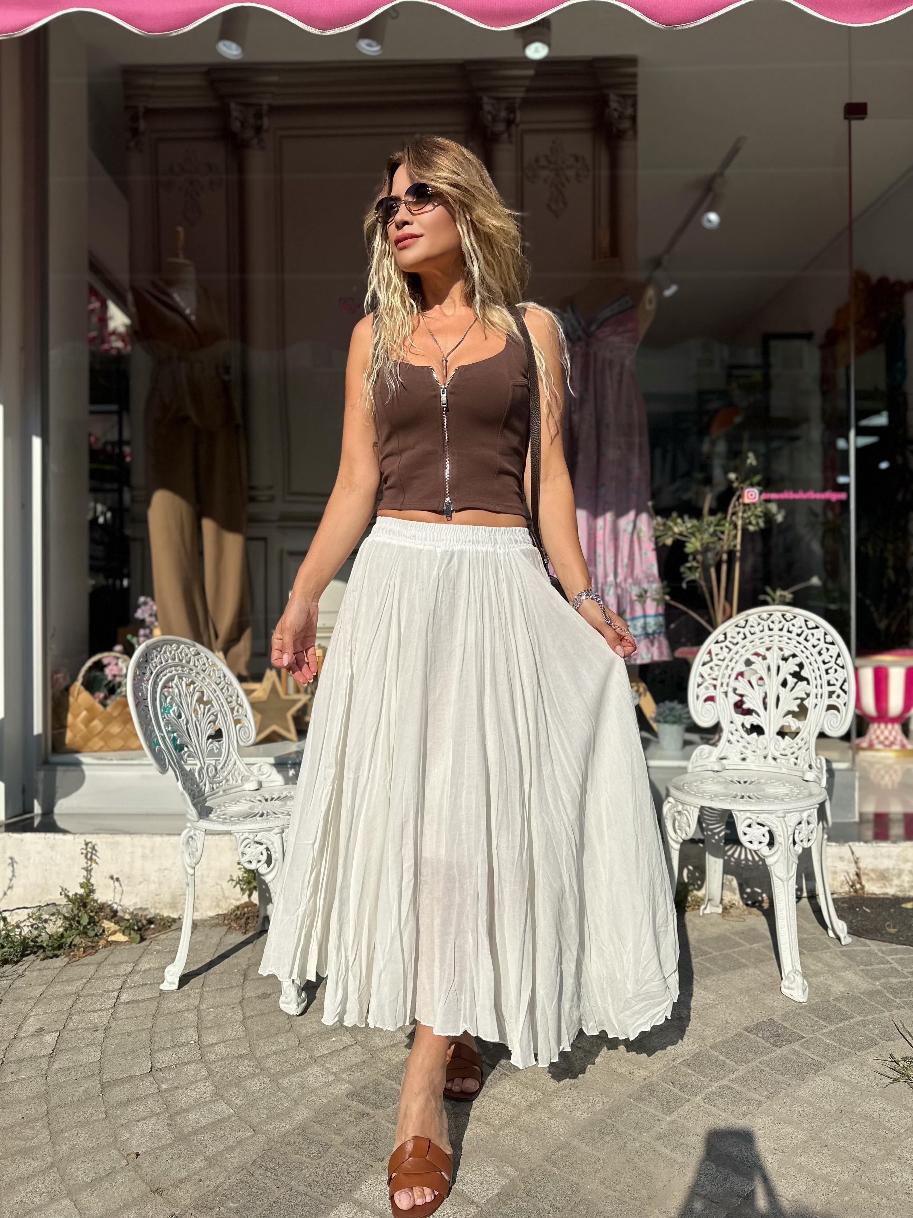 Ekru Beli Lastikli Kraş Etek 