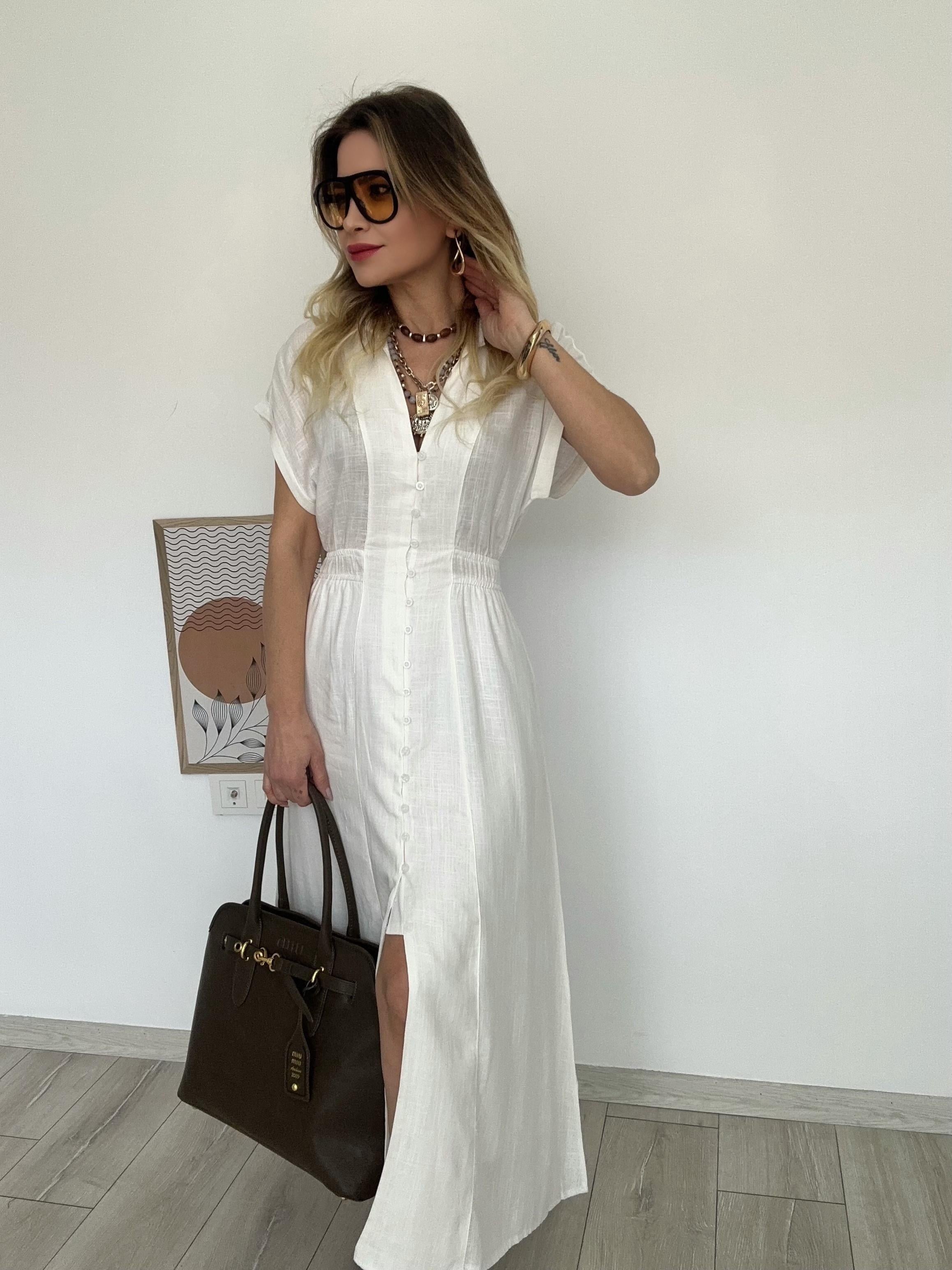 Ekru Biritli Keten Elbise