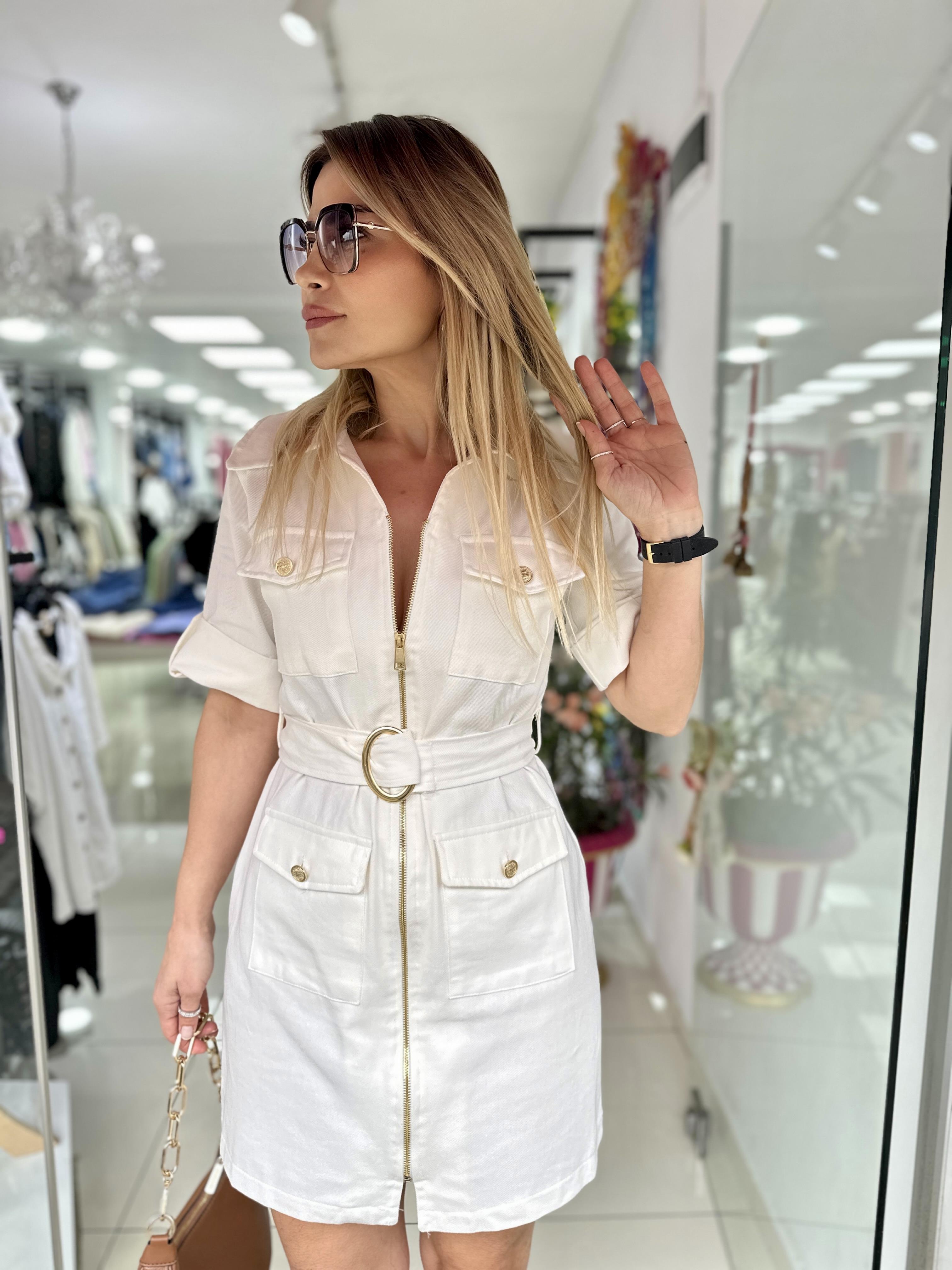 Ekru Cepli Gold Düğmeli Elbise 