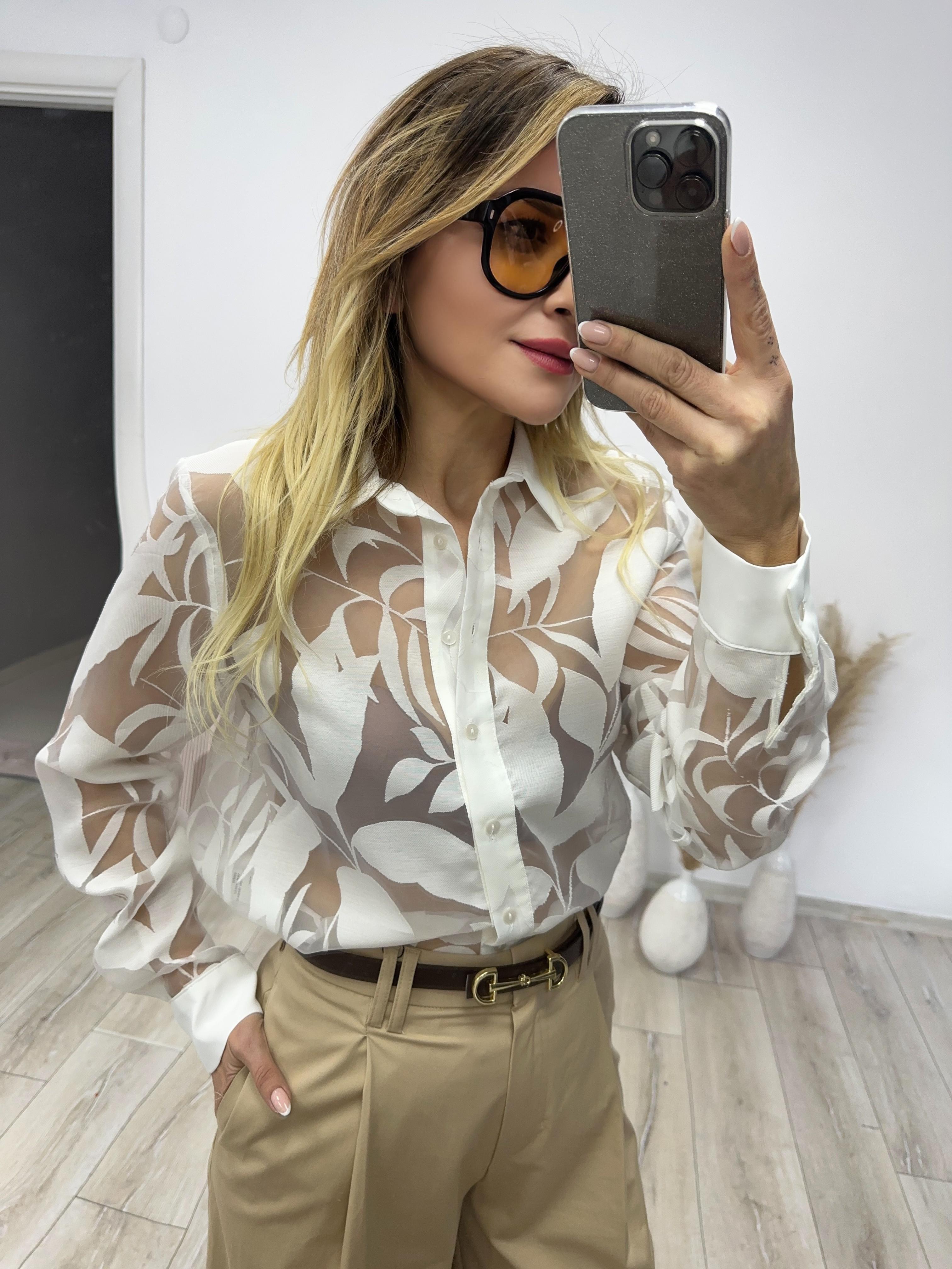 Ekru Desenli Tül Gömlek 