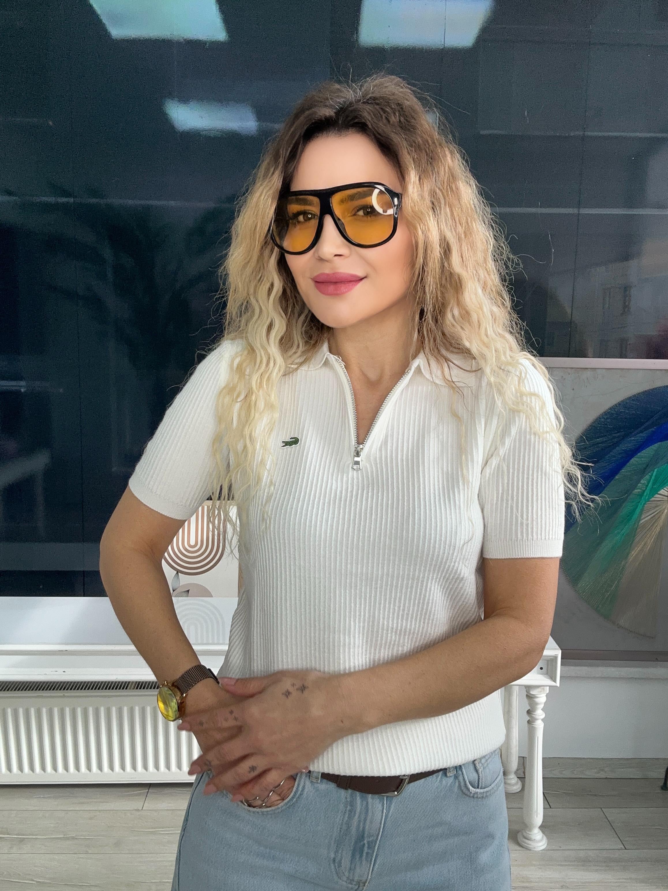 Ekru Fermuar Detaylı Triko Bluz