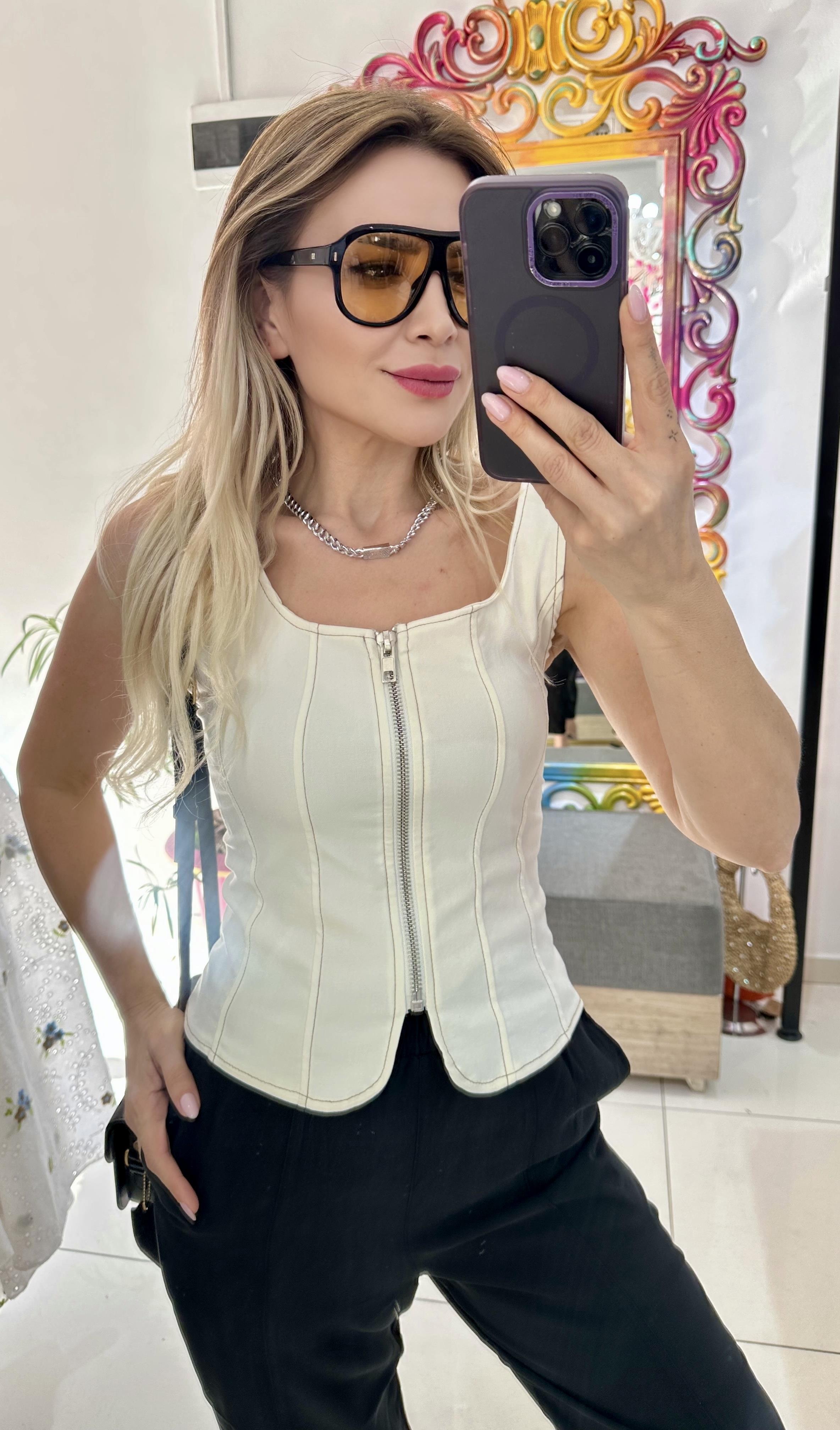 Ekru Fermuarlı Bluz