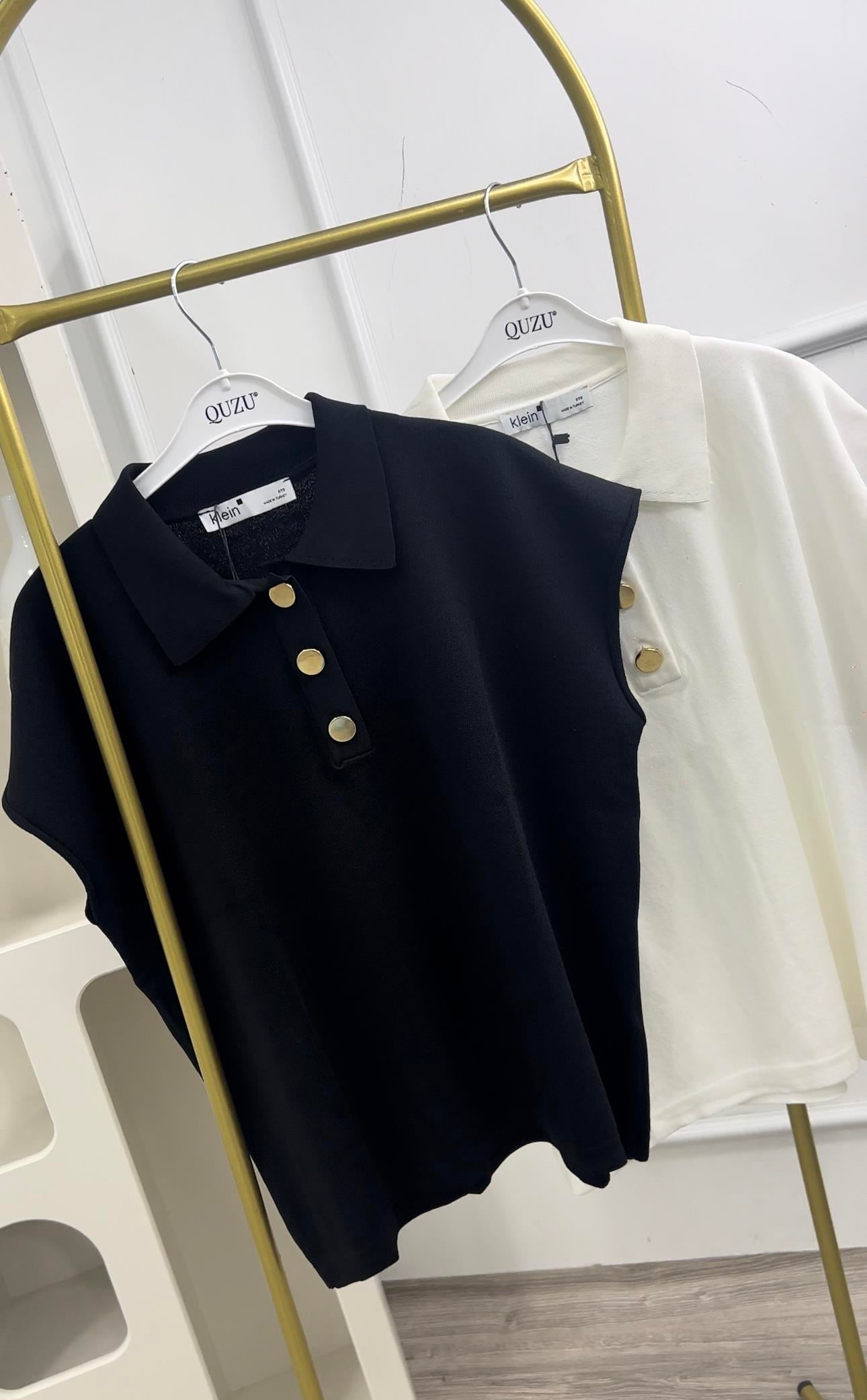 Ekru Gold Düğme Detaylı Triko 