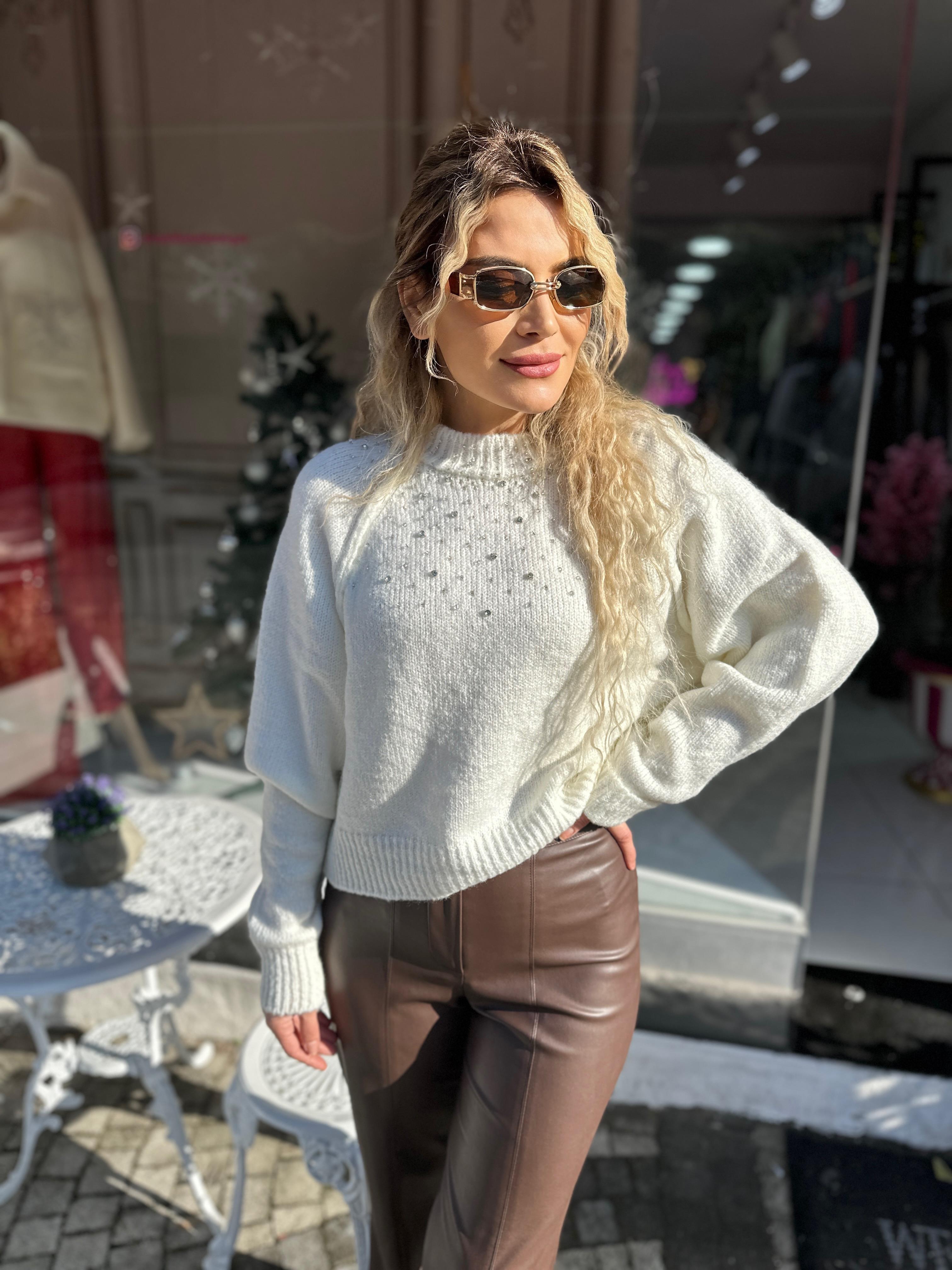 Ekru İtalyan Kol Basic Taşlı Triko 