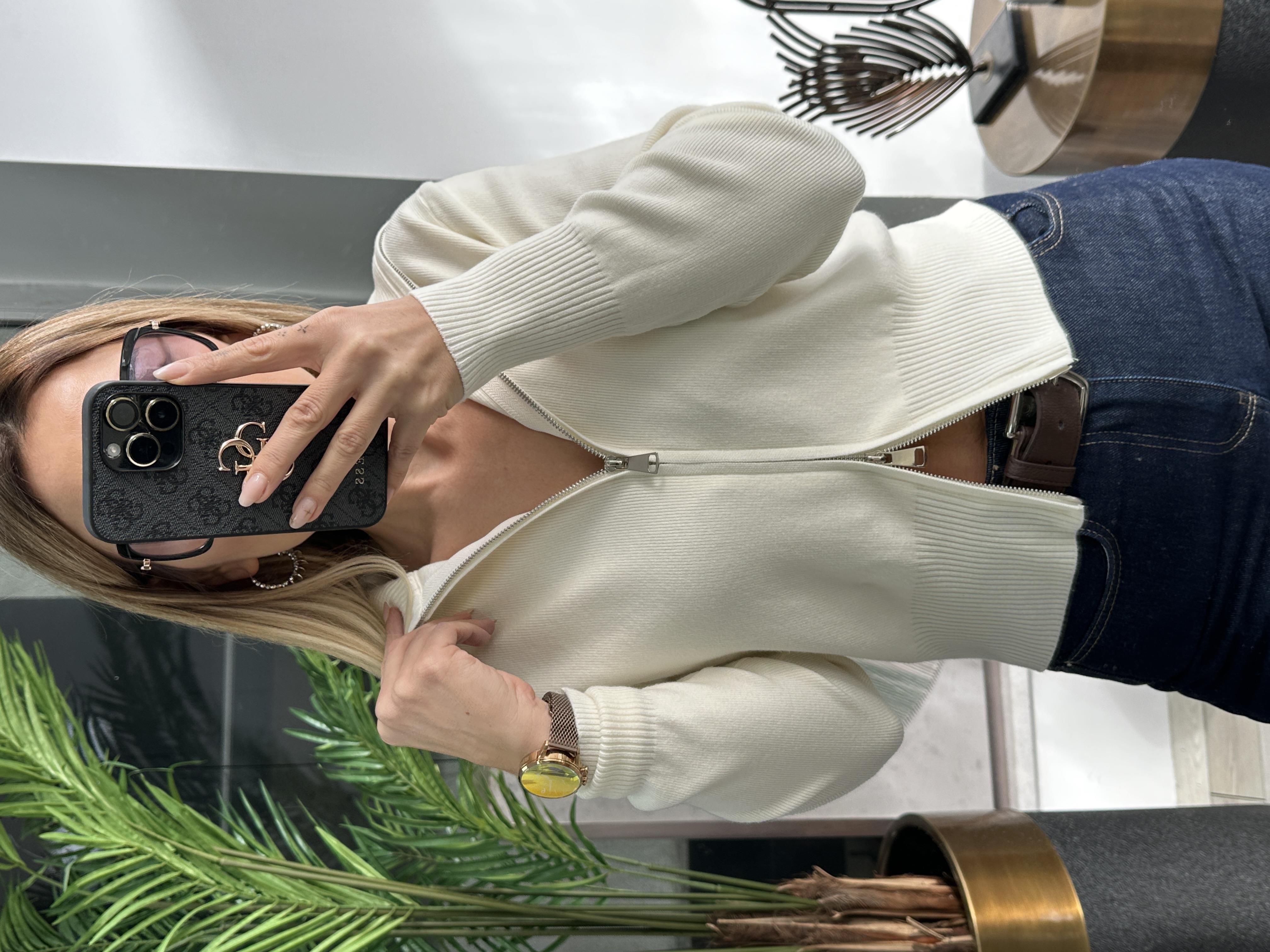 Ekru İthal Kumaş Çift Fermuarlı Hırka 