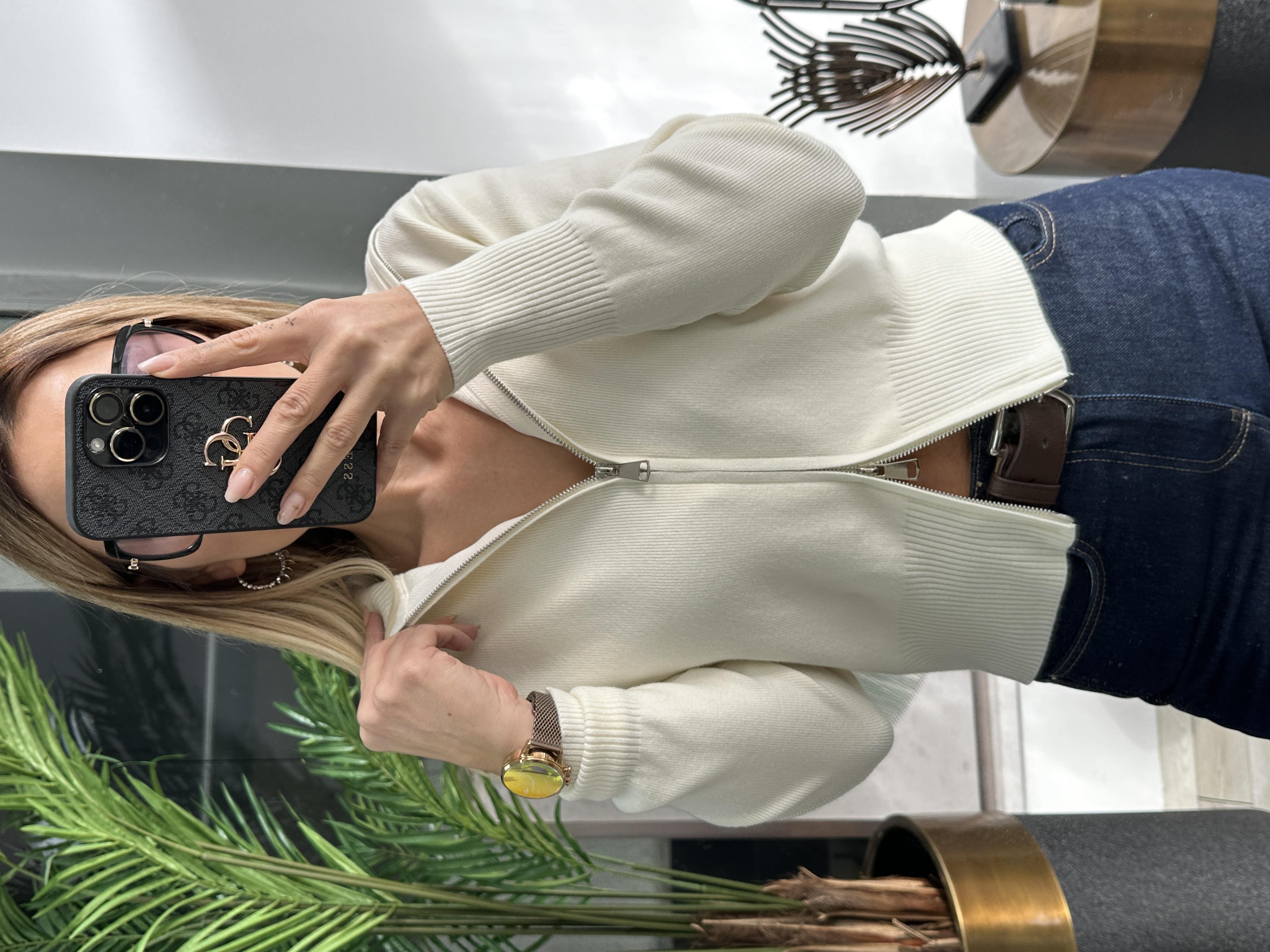 Ekru İthal Kumaş Çift Fermuarlı Triko 