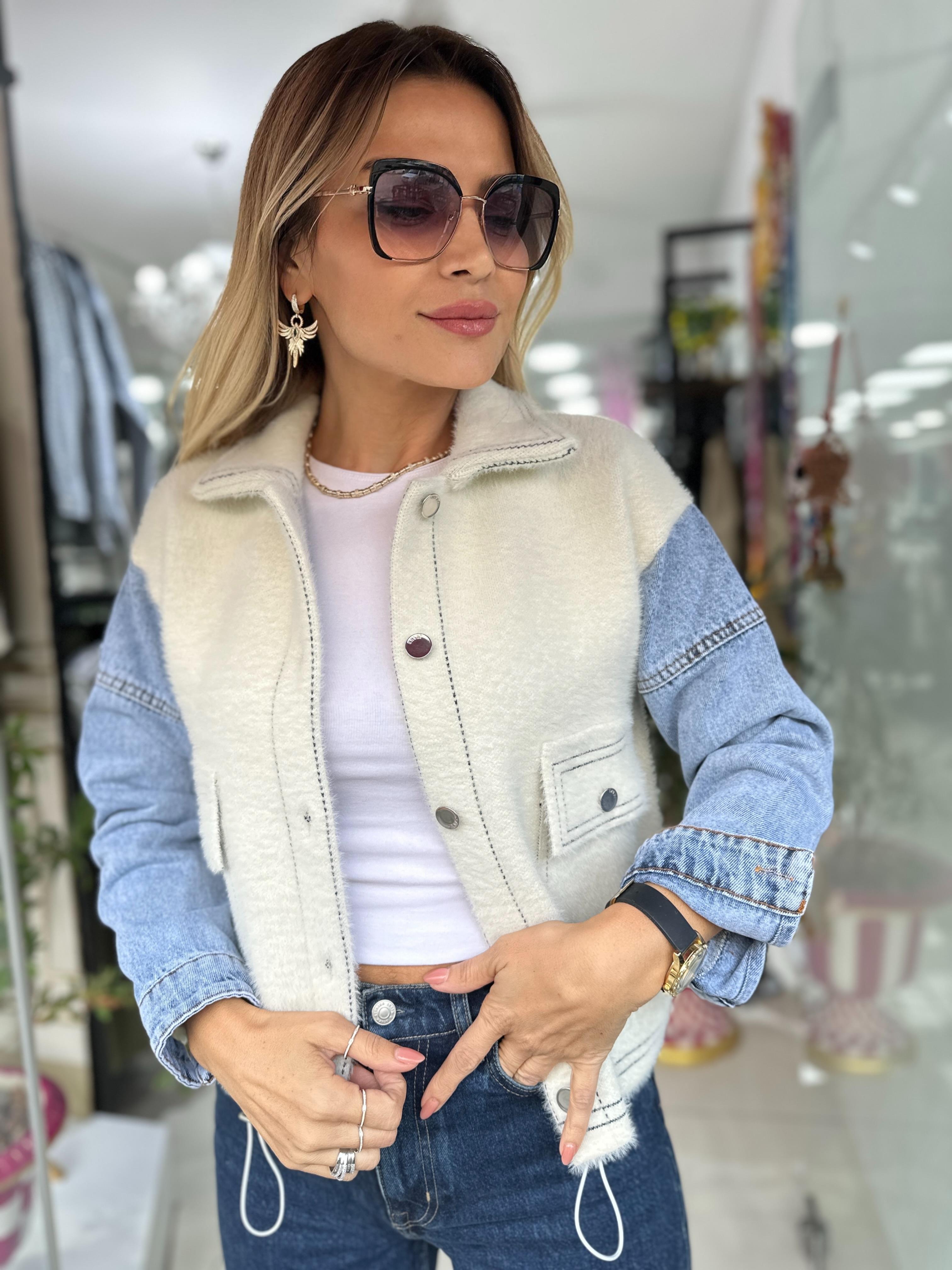 Ekru Jean Geçişli Angora Ceket