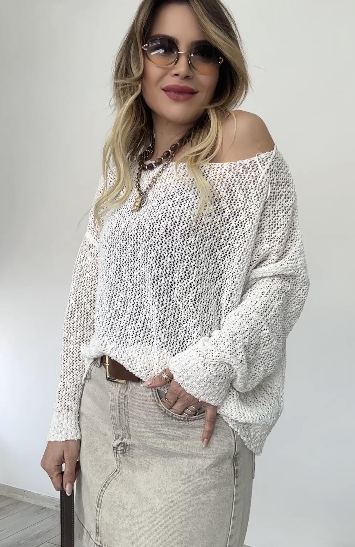 Ekru Kayık Yaka Salaş Triko