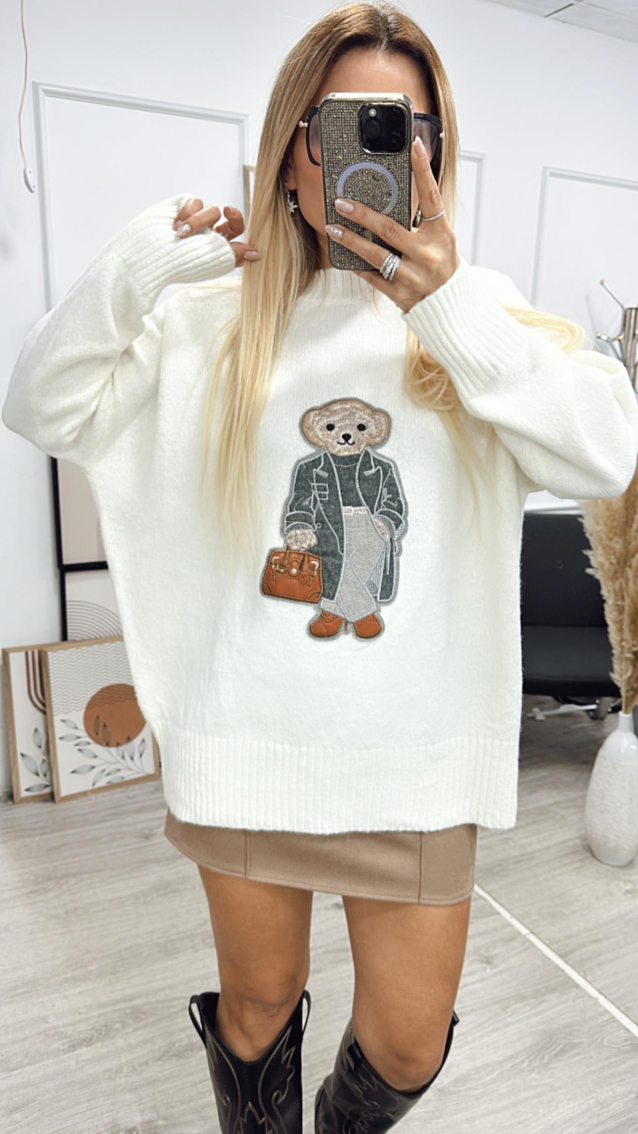 Ekru Şardonlu Ayıcık Desenli Bisiklet Yaka Kazak 