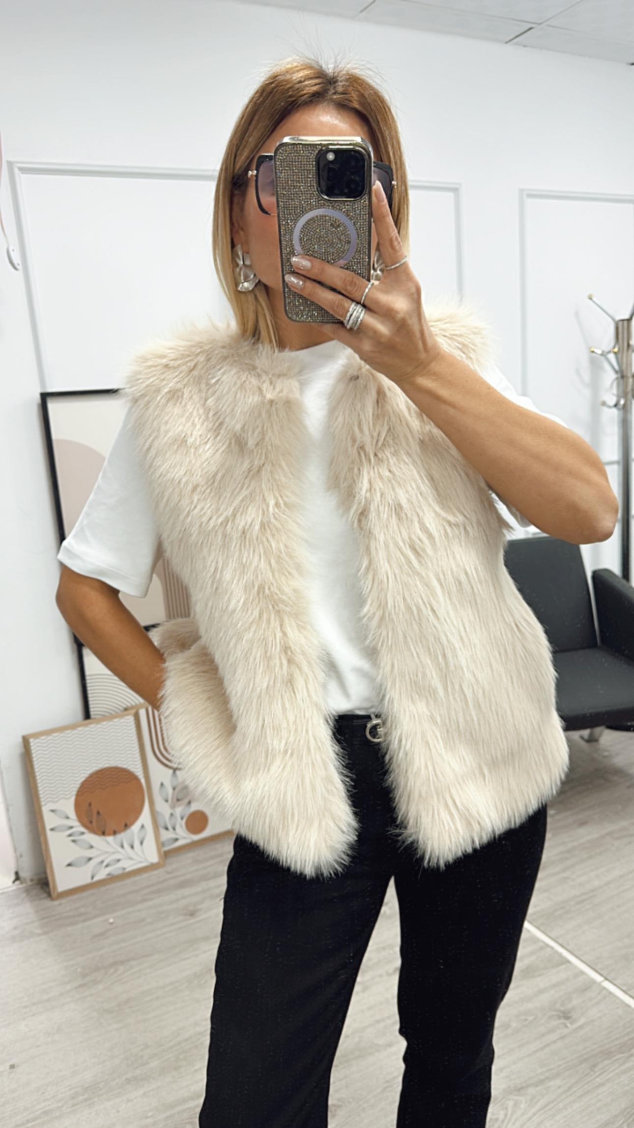 Ekru Suni Kürk Yelek 