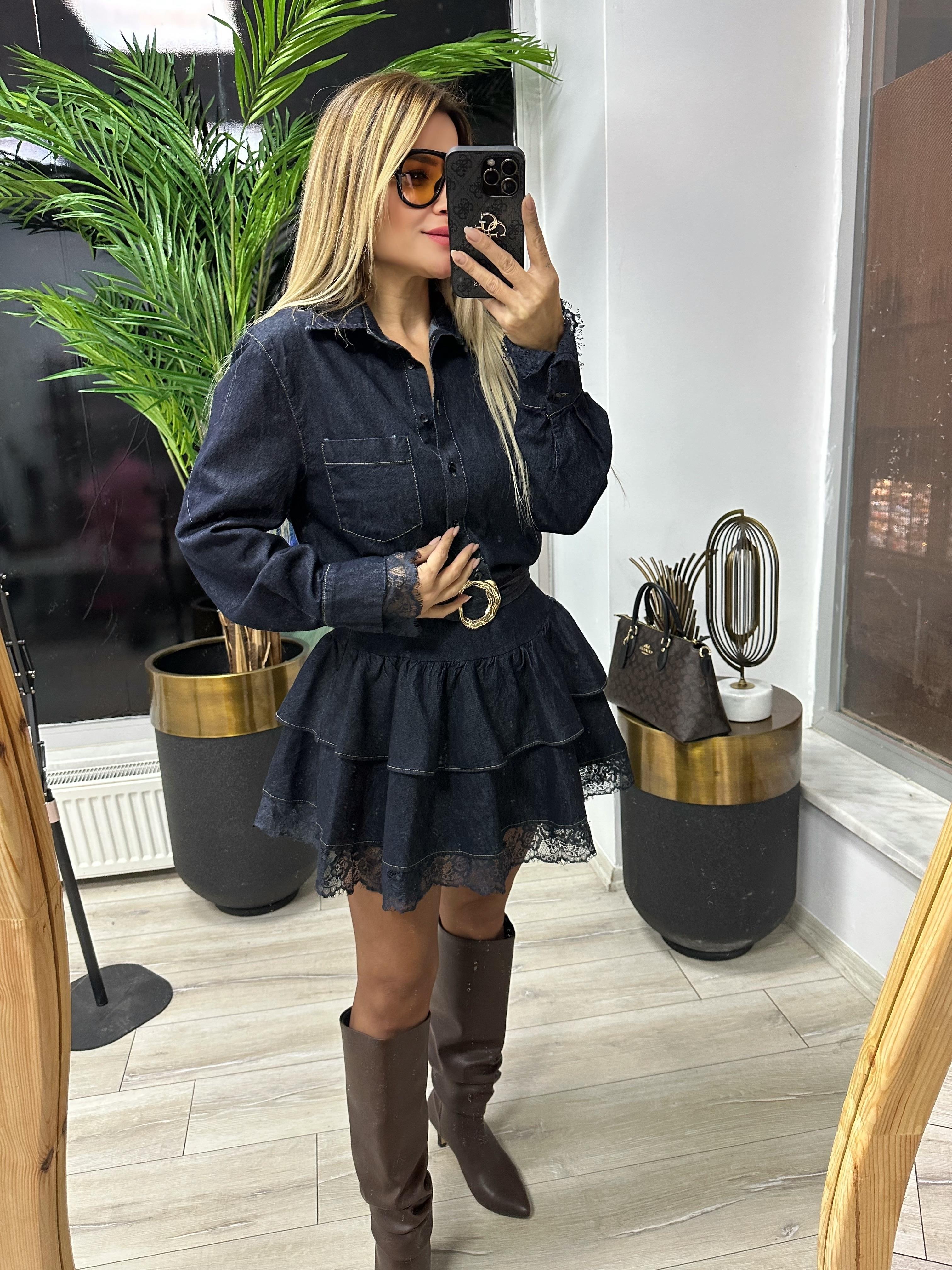 Etek Ucu Dantelli Kemerli Denim Elbise