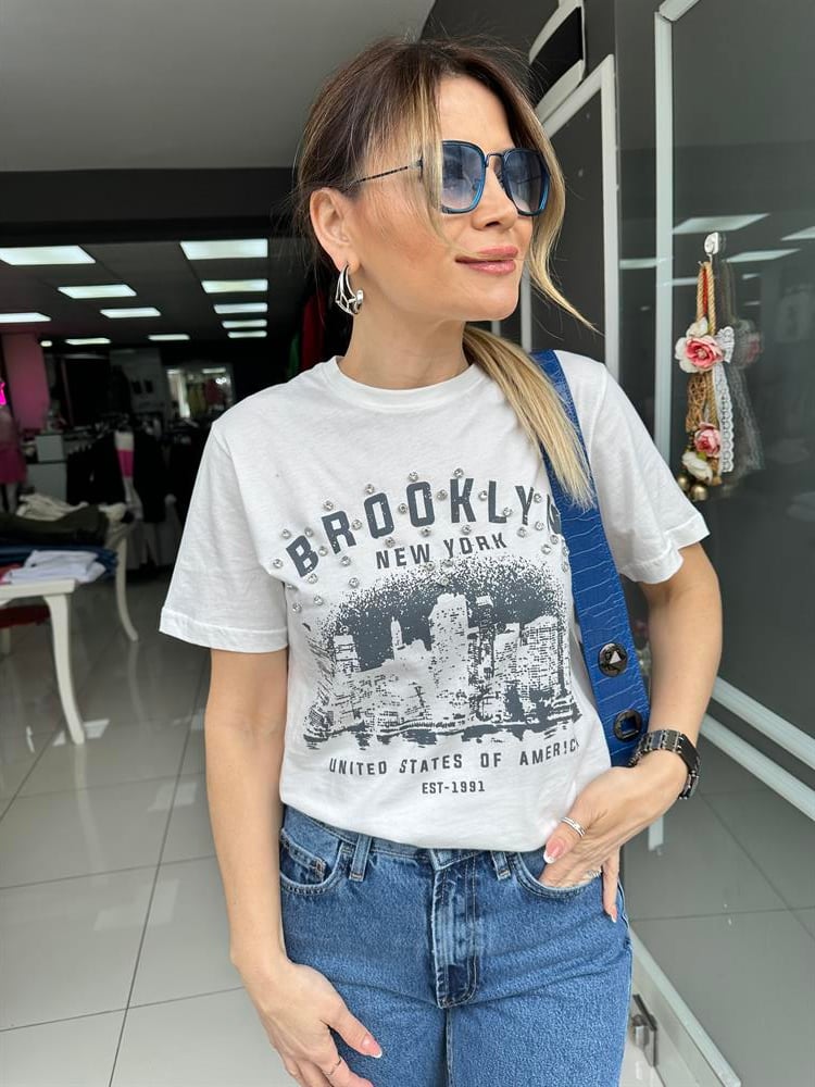 FC Broklyn Beyaz Taşlı Tshirt