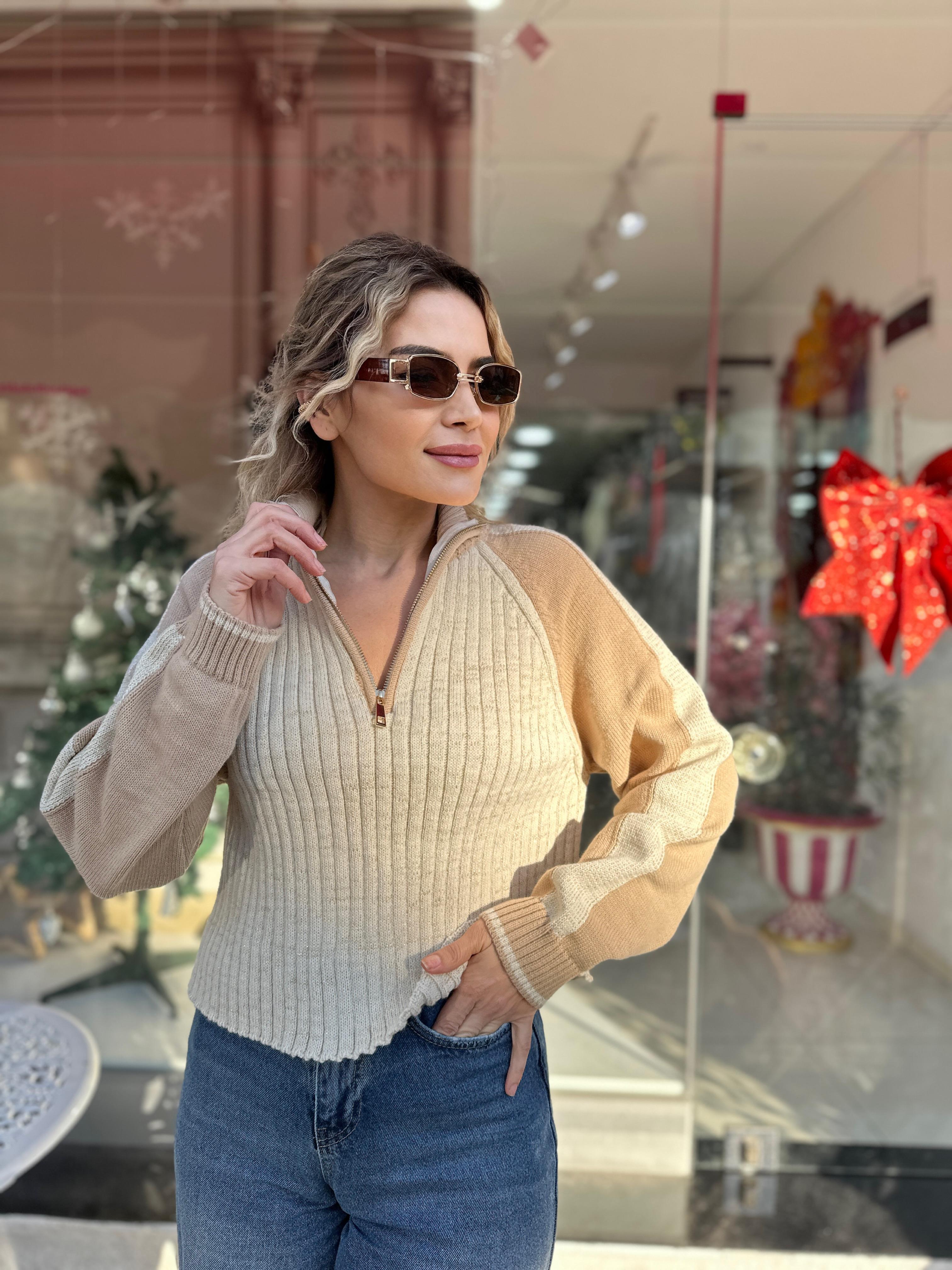 Fermuar Detaylı Simli Triko 