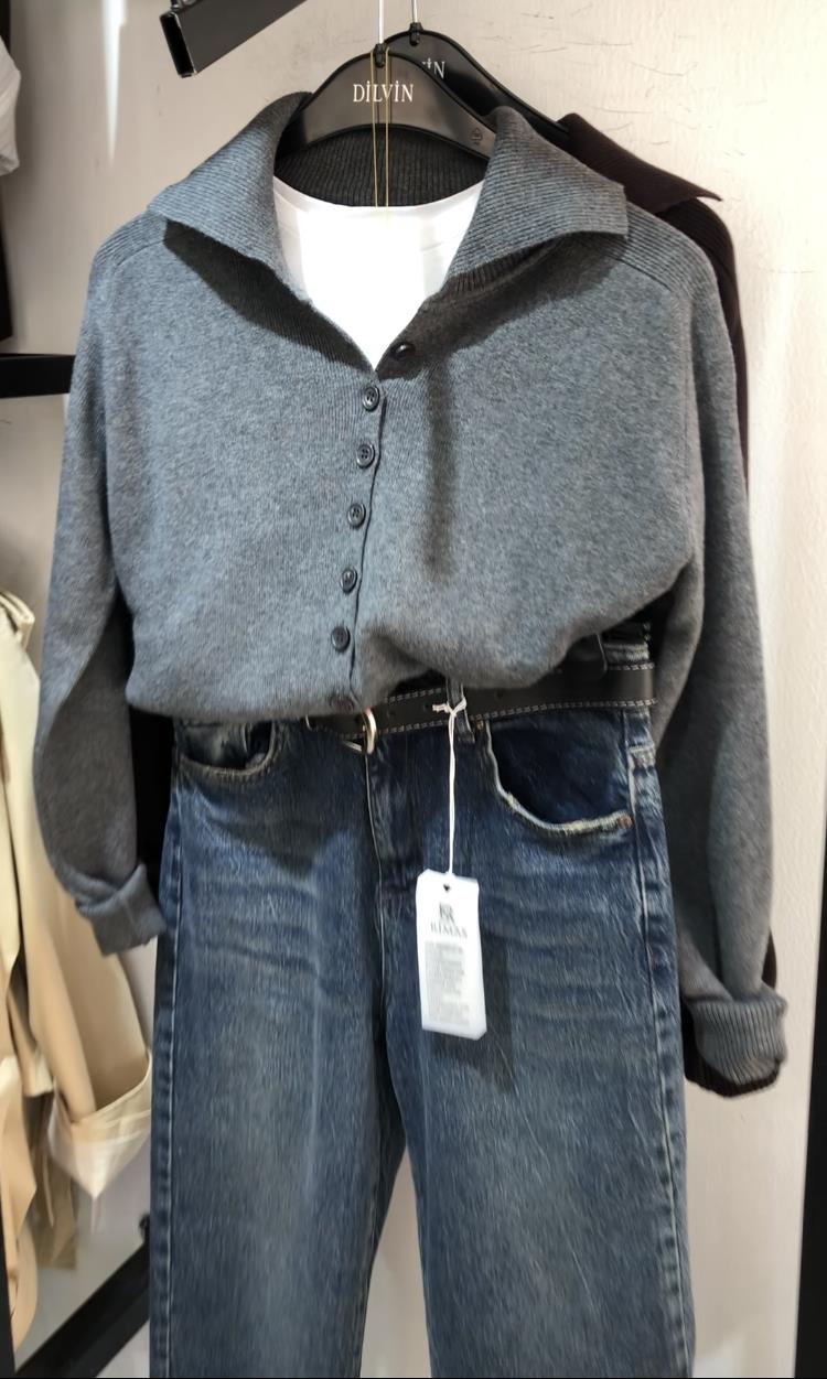 Füme Polo Yaka Yünlü Düğmeli Triko Kazak