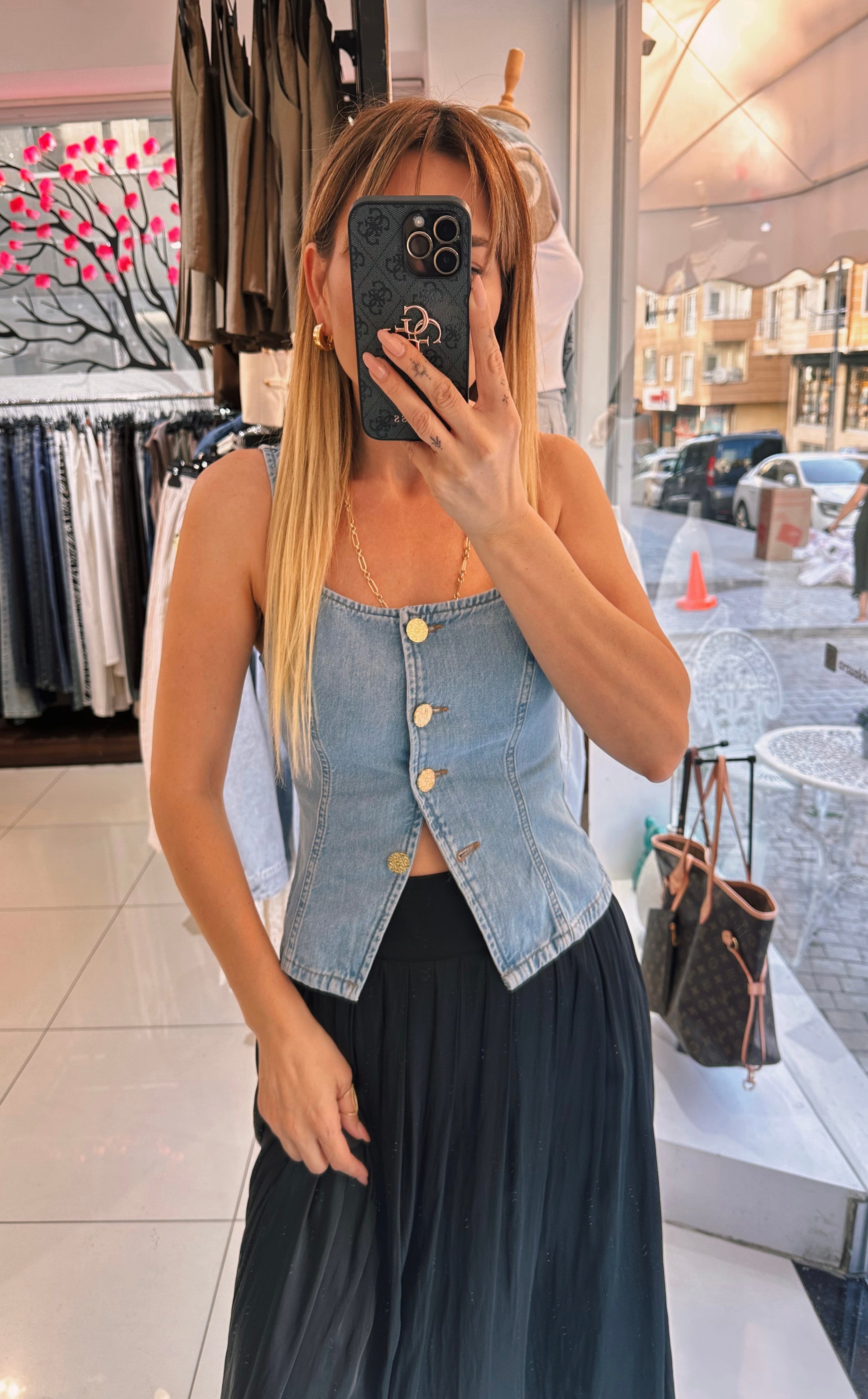 Gold Düğmeli Denim Yelek