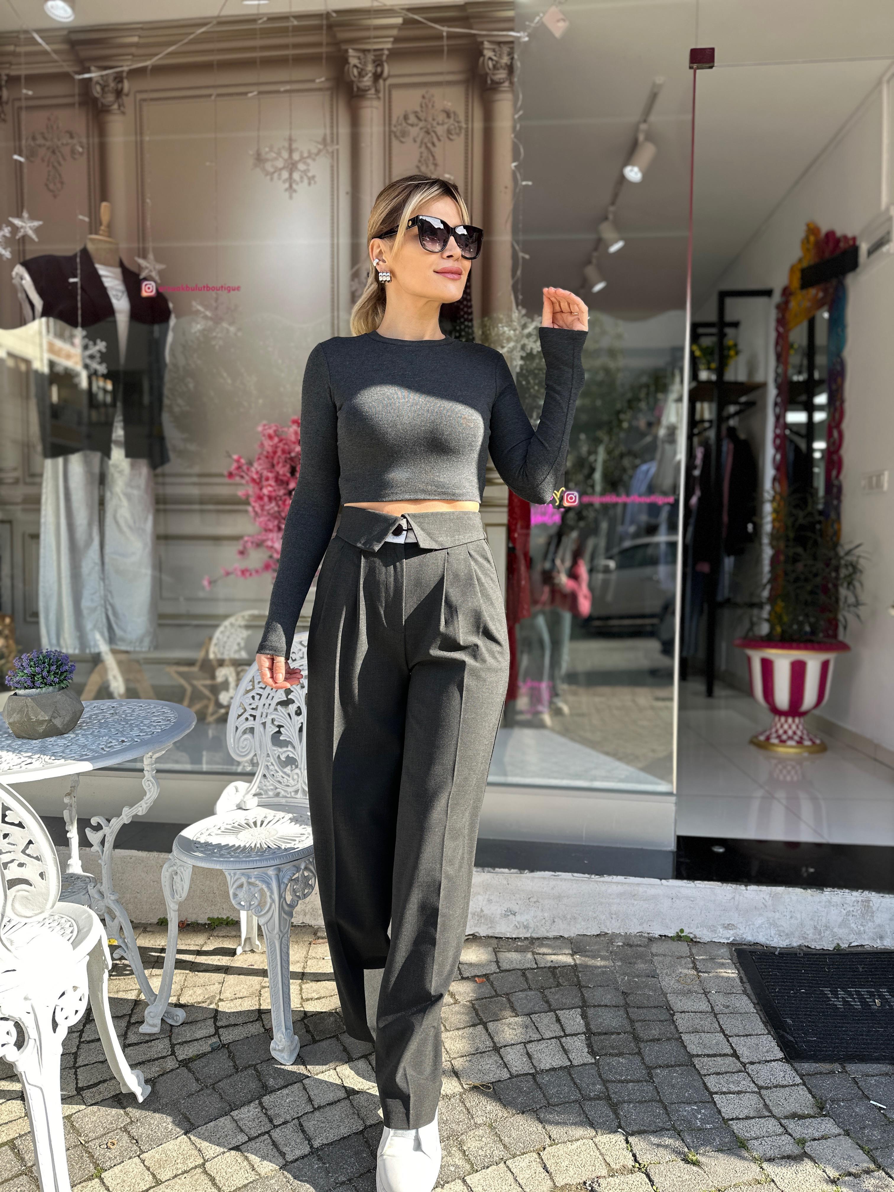 Gri Bel Detaylı Pantolon 