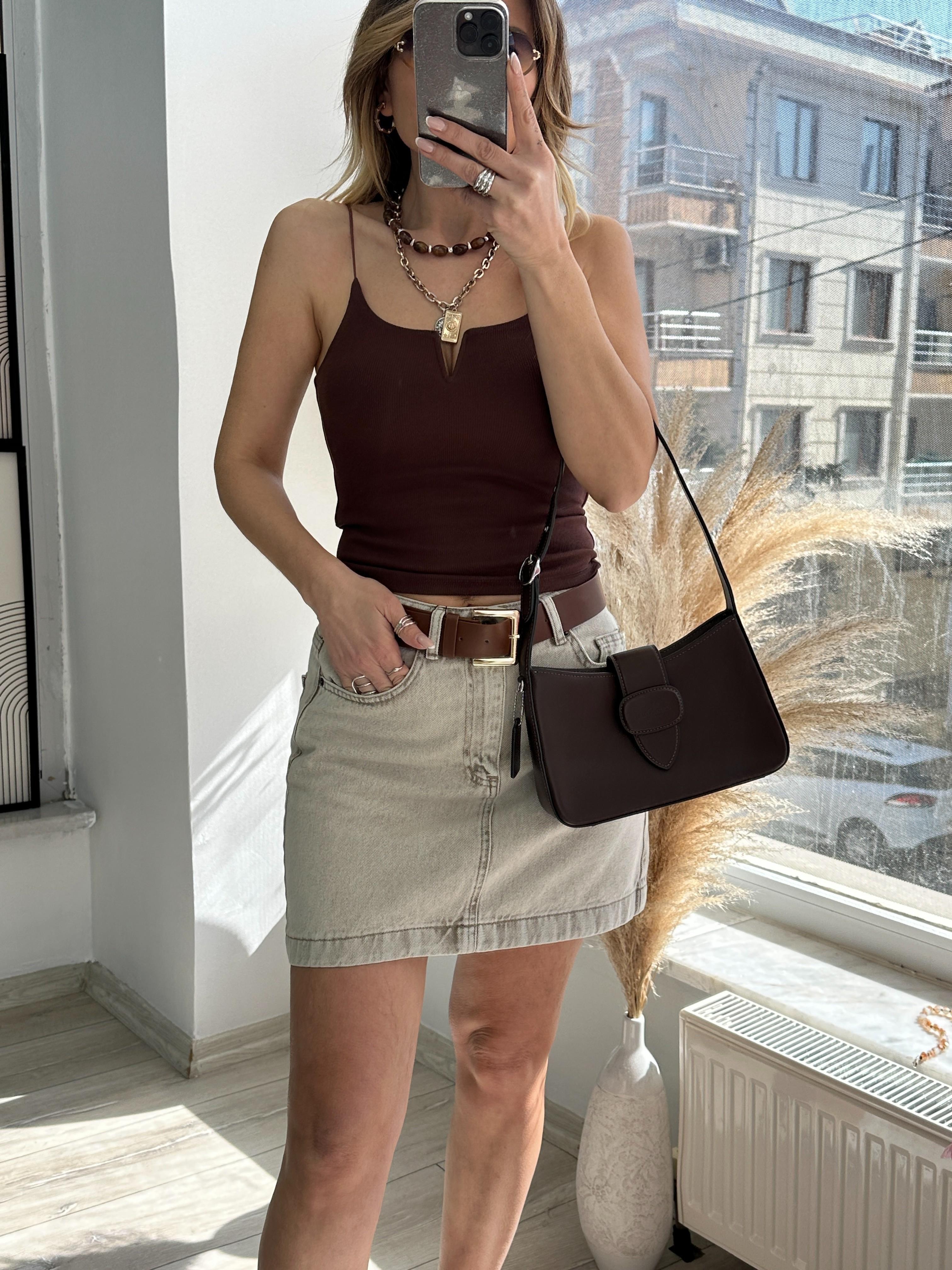 Gri Denim Kemerli Etek